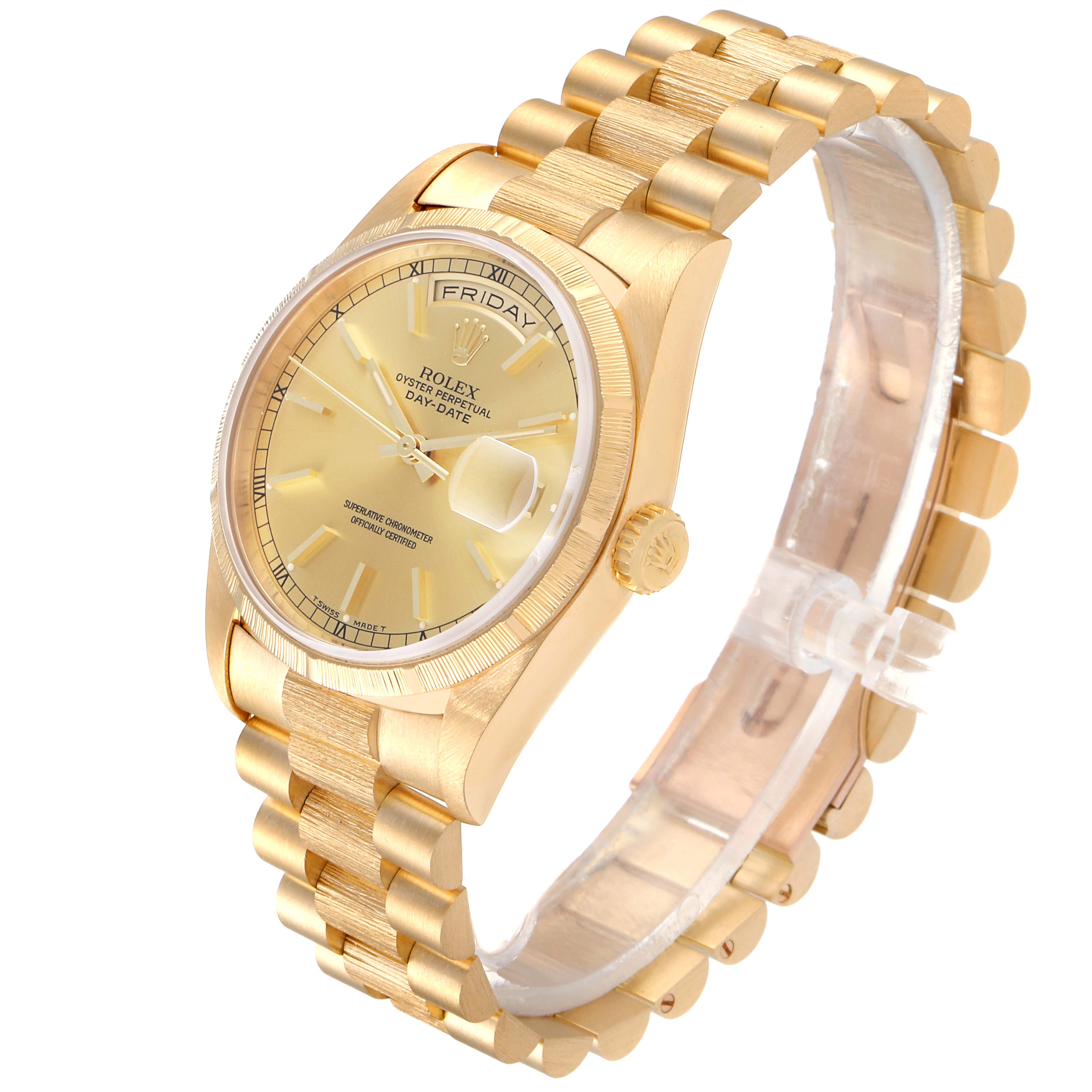 This image shows a Rolex President 18248 Men
s Yellow Gold Champagne Dial 18248 Men
s Yellow Gold Champagne Dial model watch angled to display its face, crown, and bracelet.