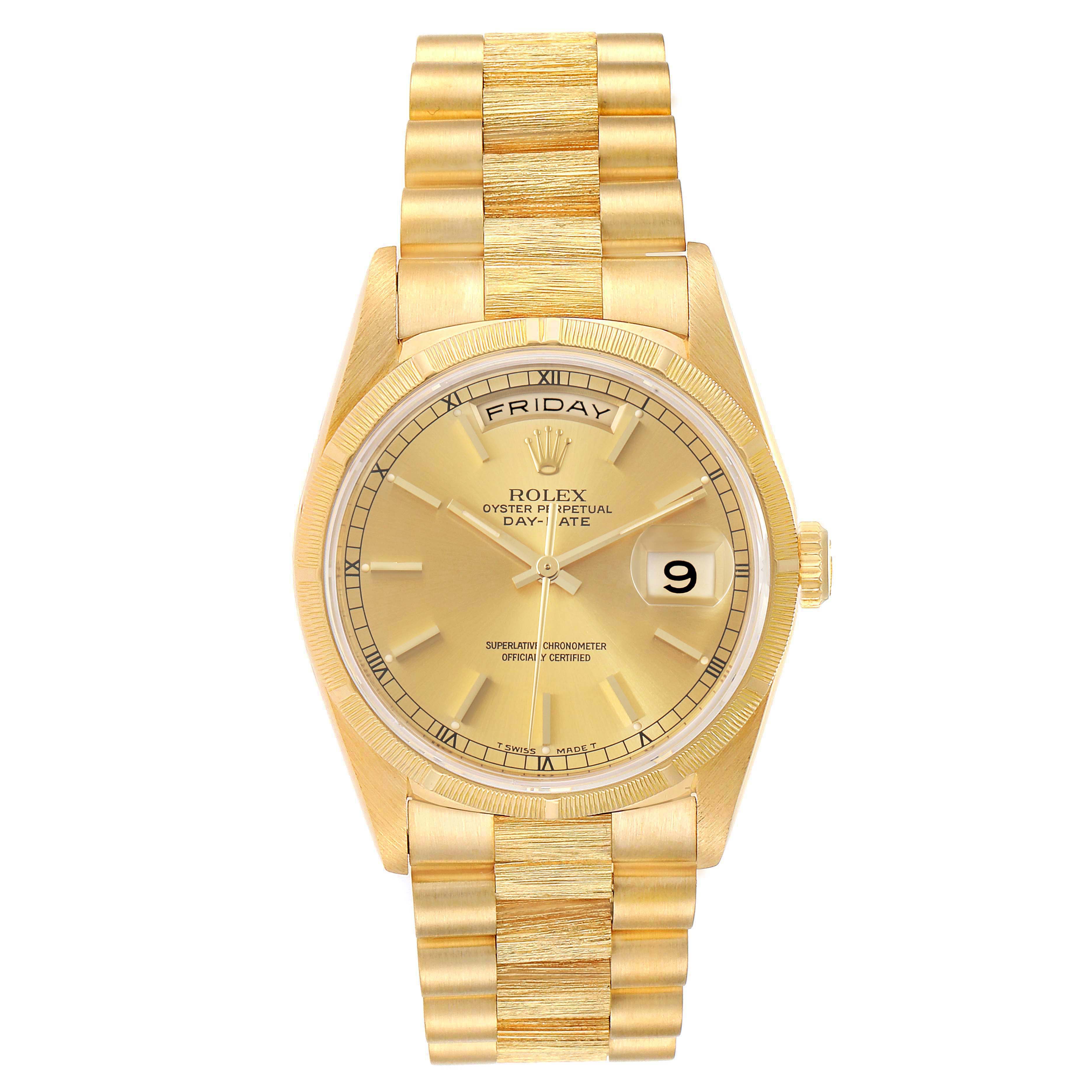 The image shows a Rolex President 18248 Men
s Yellow Gold Champagne Dial 18248 Men
s Yellow Gold Champagne Dial model watch from a front angle, displaying its face, bezel, and bracelet.