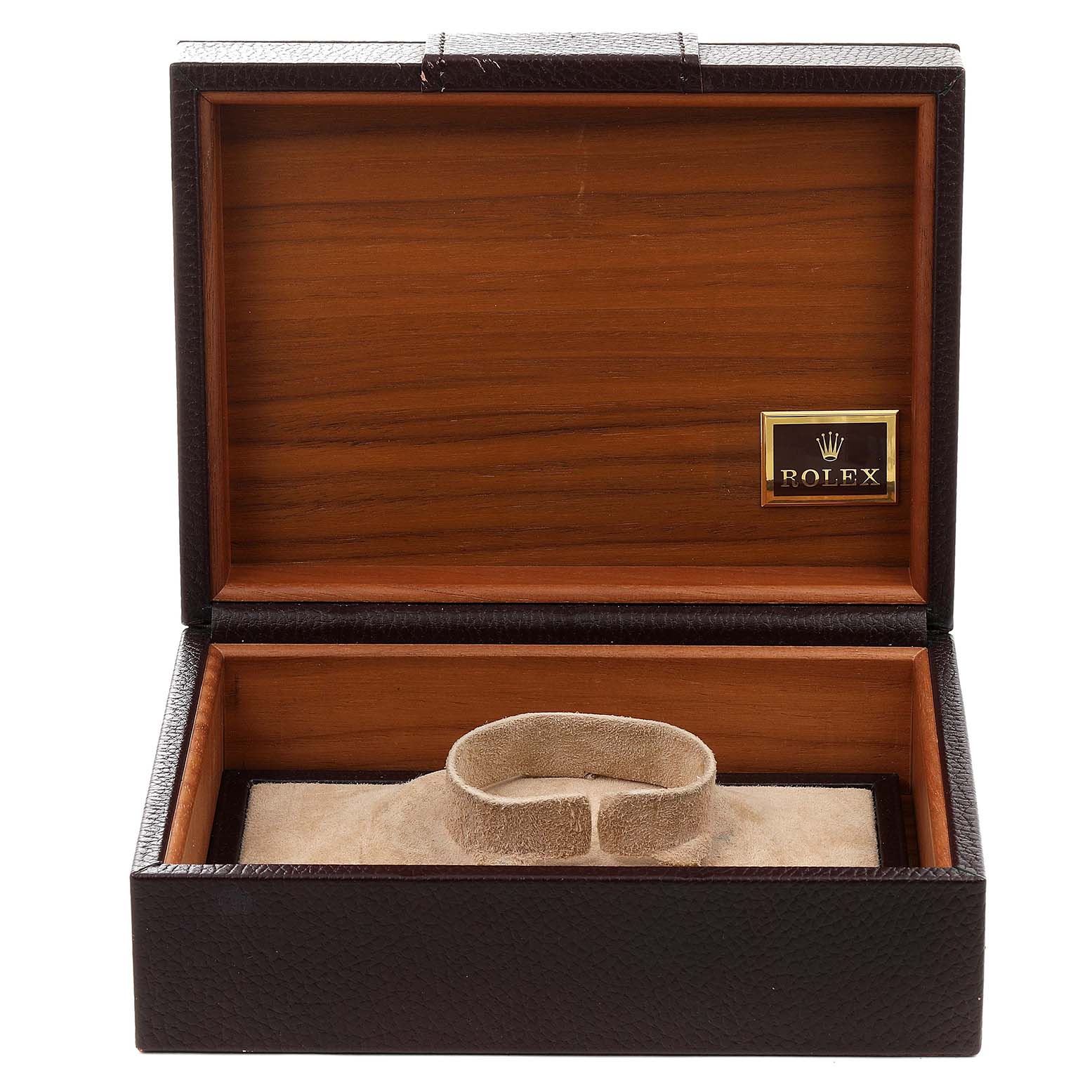 The image shows an open Rolex President 18049 Men
s White Gold Silver Dial 18049 Men
s White Gold Silver Dial model watch box at a front angle, featuring a padded cushion inside.