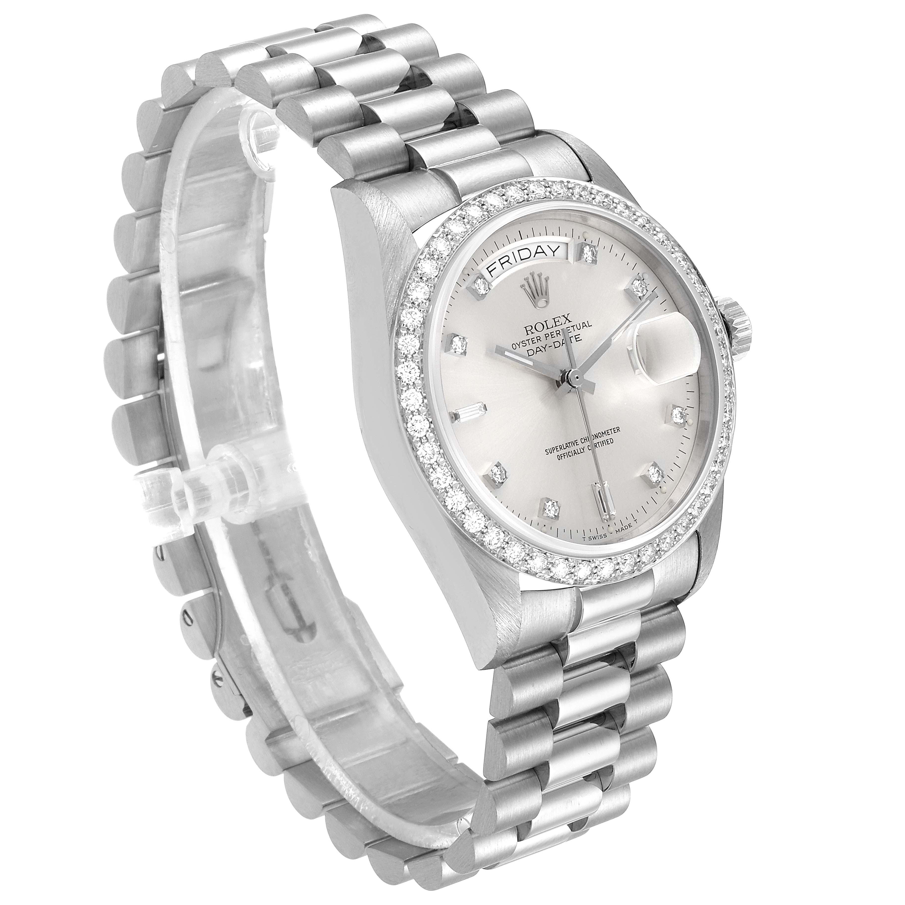 The Rolex President 18049 Men
s White Gold Silver Dial 18049 Men
s White Gold Silver Dial model watch is angled from the top-left, showcasing its bracelet, bezel, and dial.