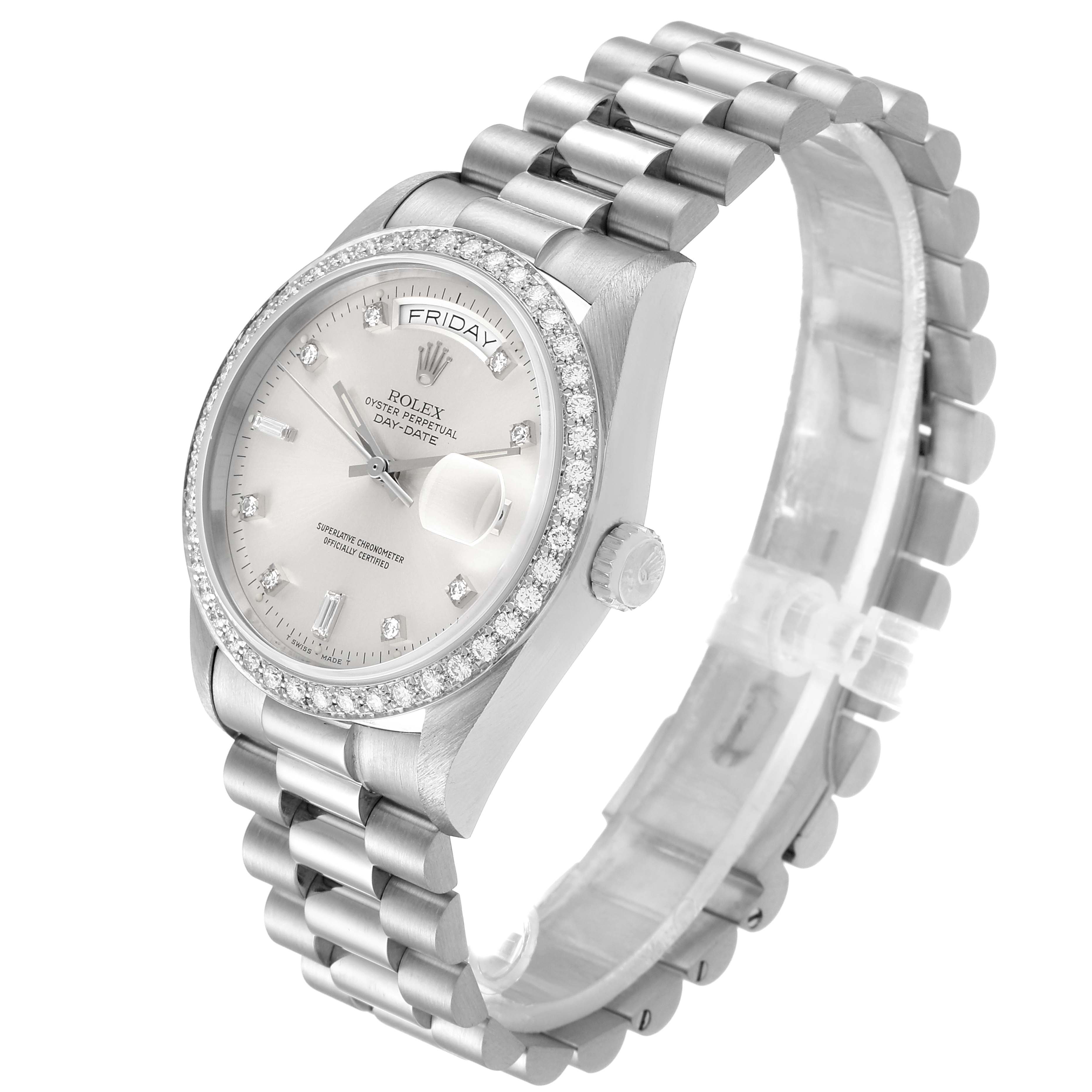 The Rolex President 18049 Men
s White Gold Silver Dial 18049 Men
s White Gold Silver Dial watch is shown at a three-quarter angle, highlighting the face, bracelet, and crown.