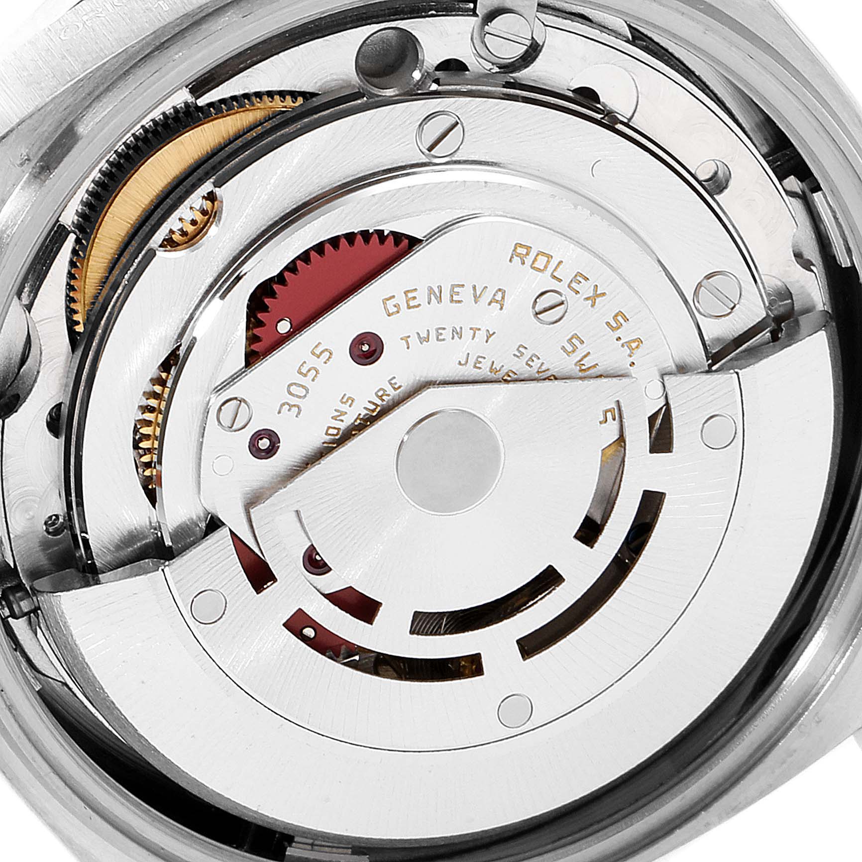 This image shows the intricate movement mechanism of the Rolex President 18049 Men
s White Gold Silver Dial 18049 Men
s White Gold Silver Dial model watch, viewed from the back, highlighting its inner components.