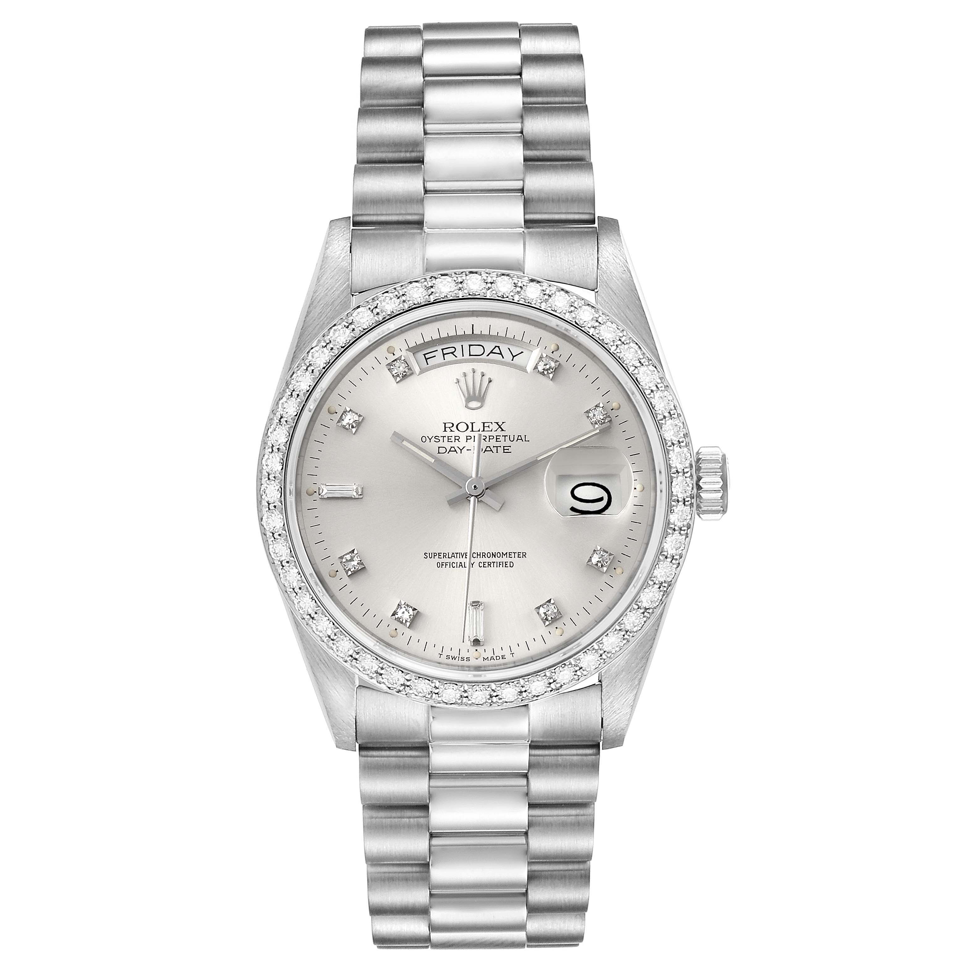 The image shows a Rolex President 18049 Men
s White Gold Silver Dial 18049 Men
s White Gold Silver Dial model watch from a front angle, with its bracelet, dial, and bezel visible.