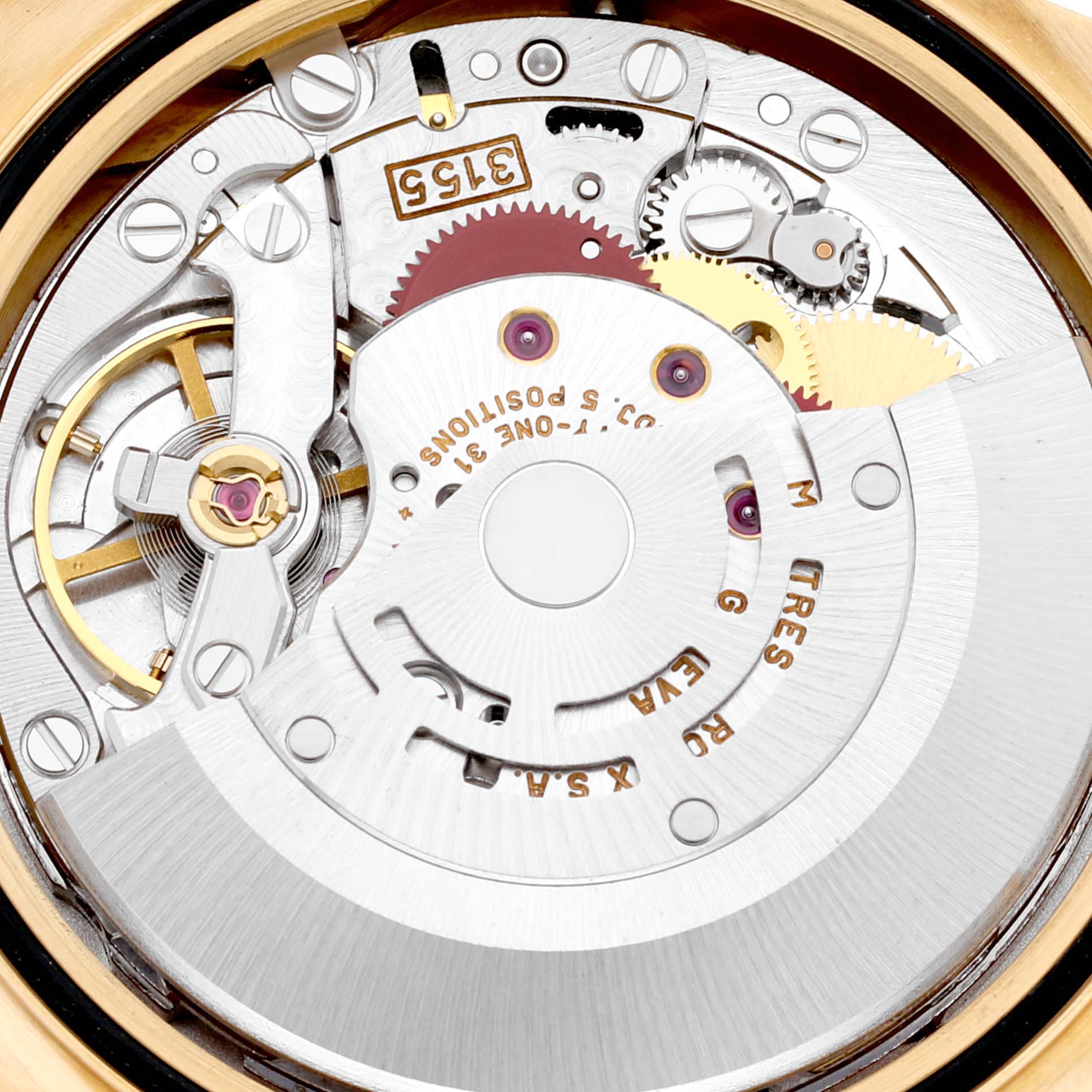 This is an internal view of a Rolex President 18238 Men
s Yellow Gold Champagne Dial 18238 Men
s Yellow Gold Champagne Dial model watch showcasing its intricate movement components.