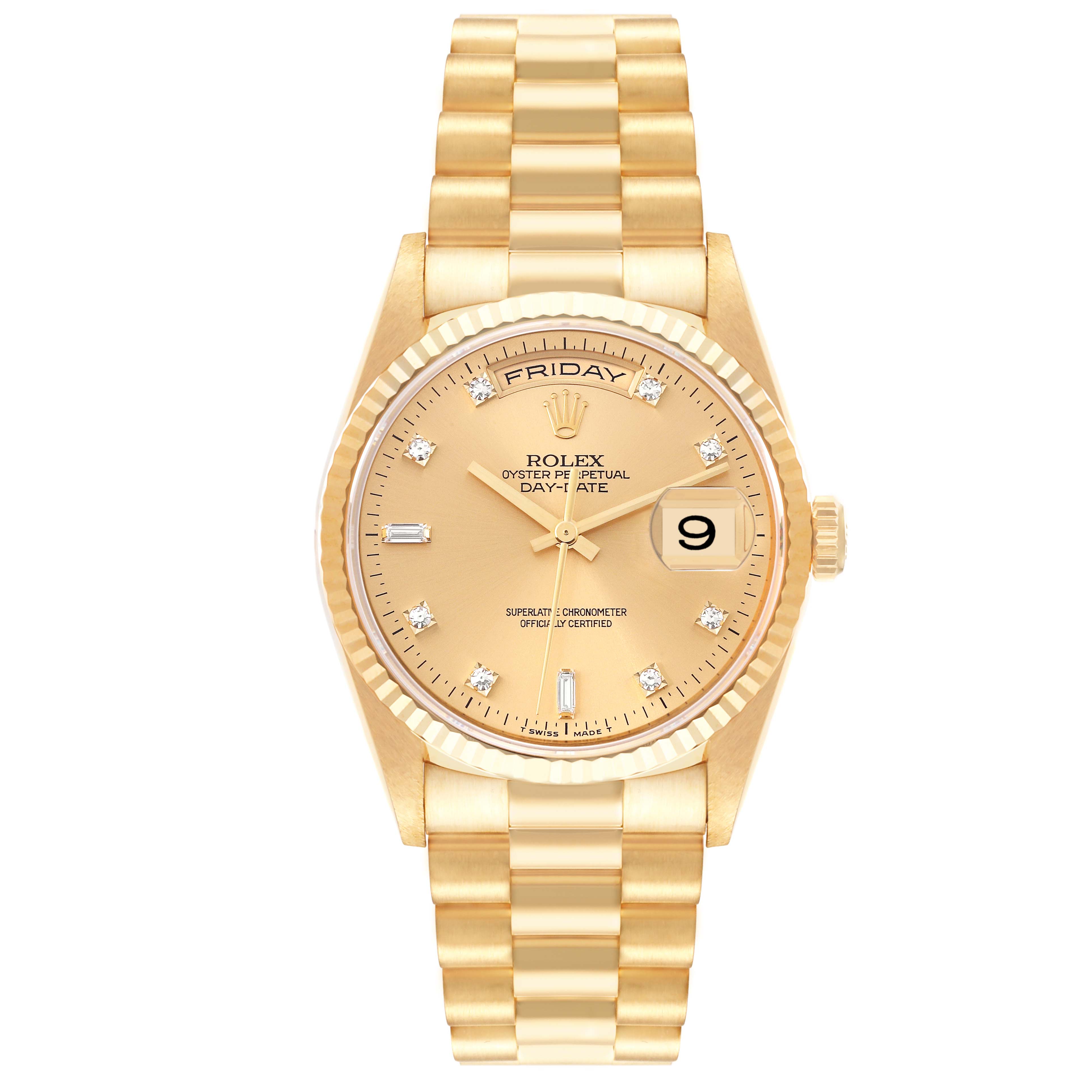This image shows a frontal view of a Rolex President 18238 Men
s Yellow Gold Champagne Dial 18238 Men
s Yellow Gold Champagne Dial model watch, displaying its gold band, dial, and day-date feature.