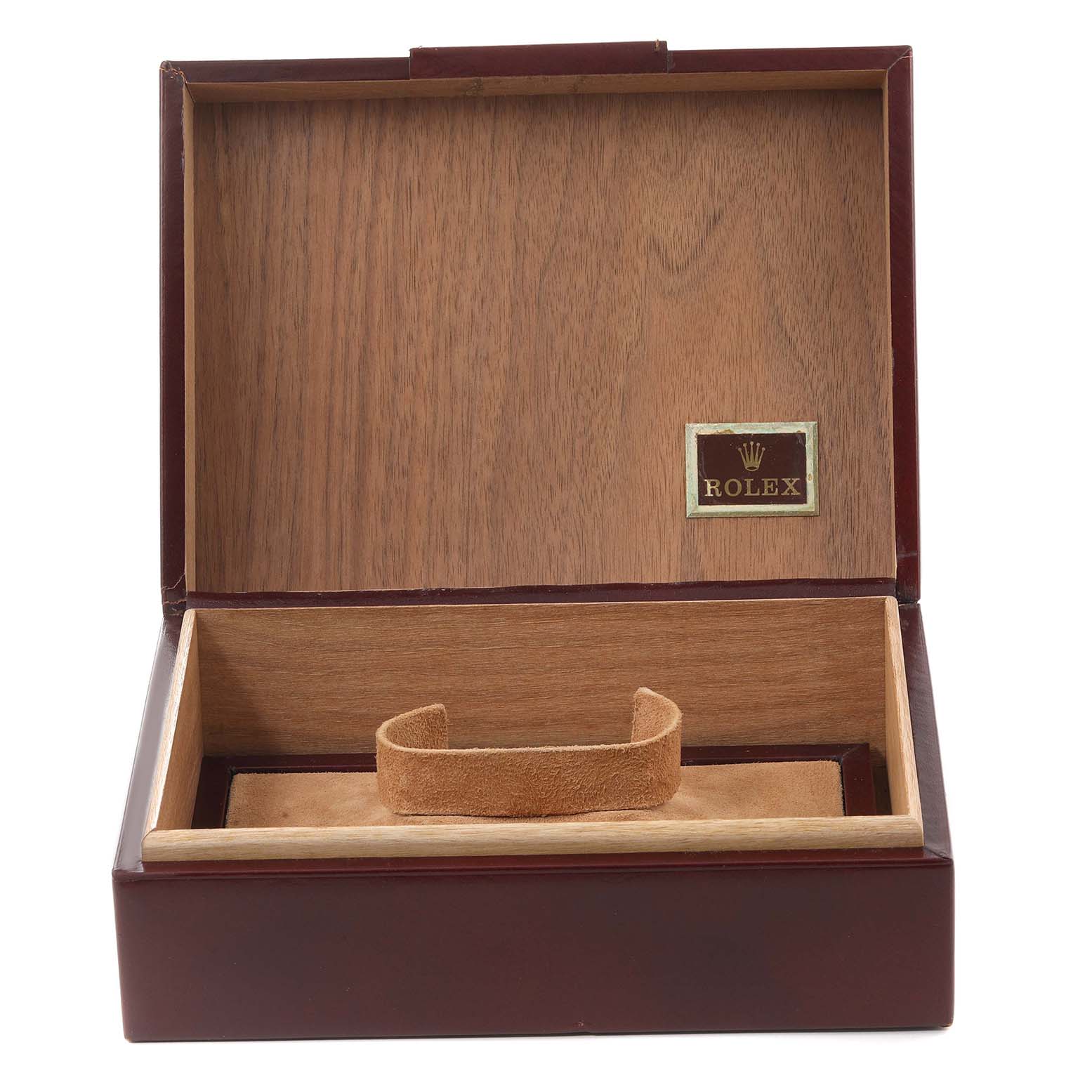 This image shows an empty Rolex President 18238 Men
s Yellow Gold Champagne Dial 18238 Men
s Yellow Gold Champagne Dial model watch box, open with interior compartments visible.