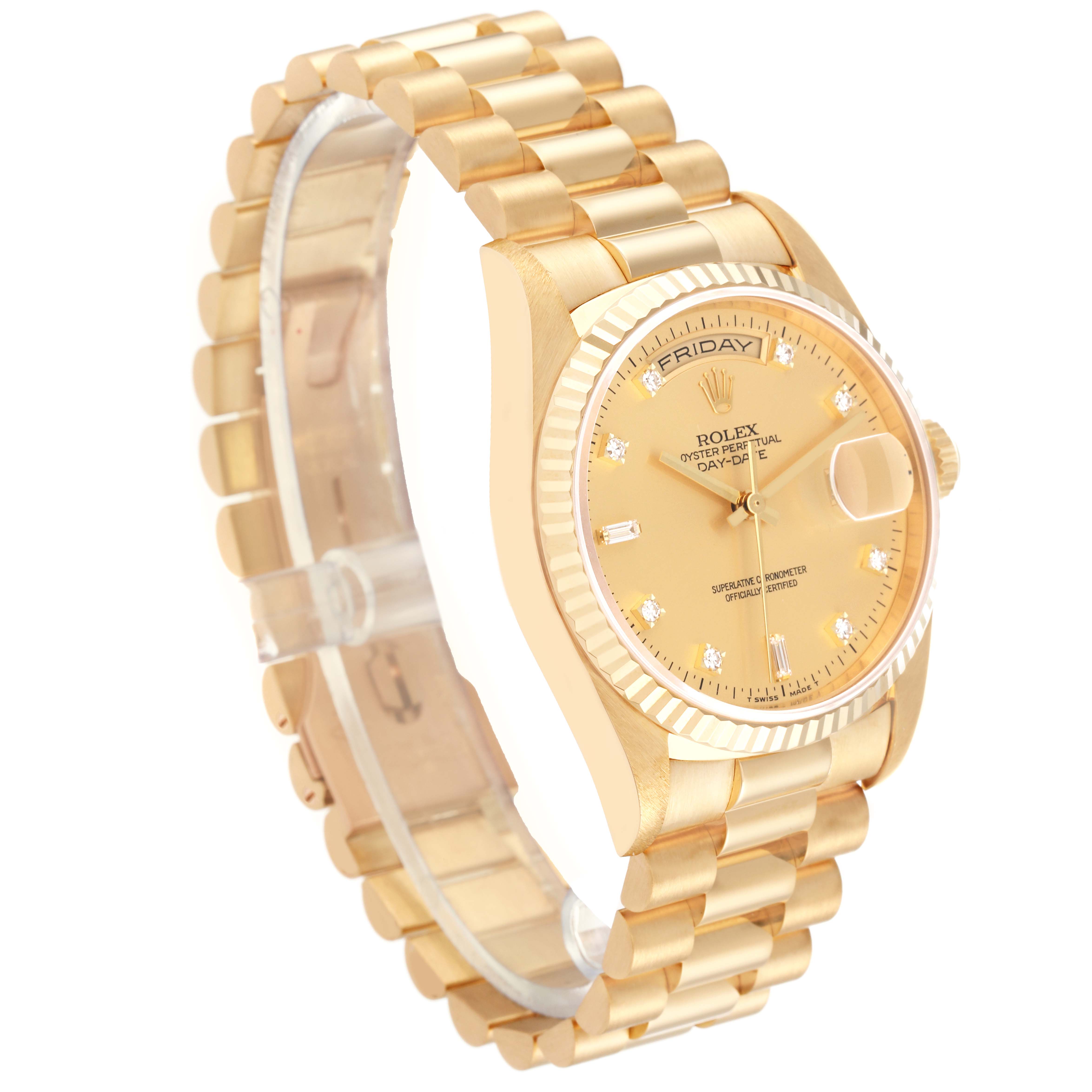 This image shows a side-angle view of the President model Rolex watch, highlighting the watch face, bezel, and bracelet.