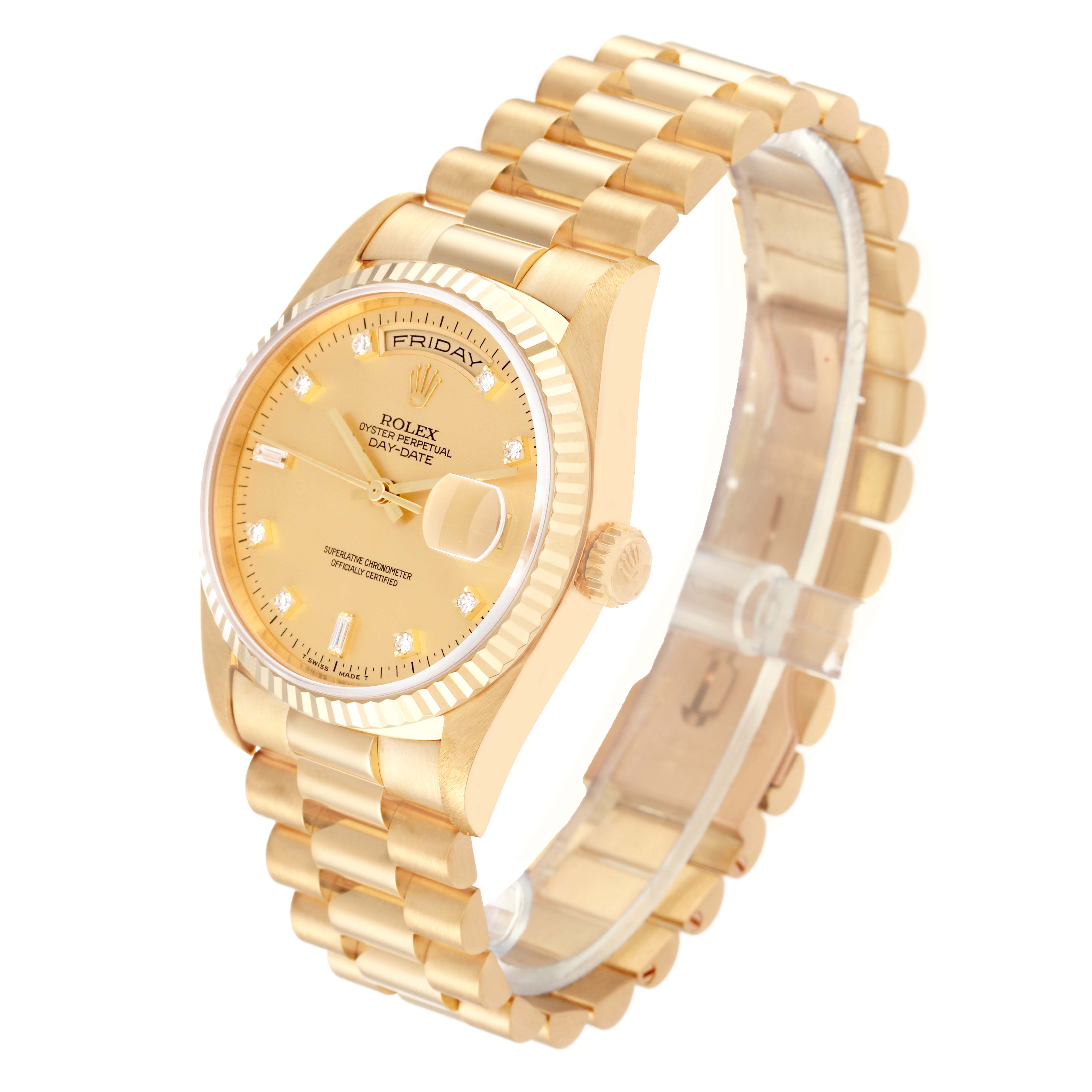 This image shows the Rolex President 18238 Men
s Yellow Gold Champagne Dial 18238 Men
s Yellow Gold Champagne Dial model watch from an angled view, highlighting the face, crown, and bracelet.
