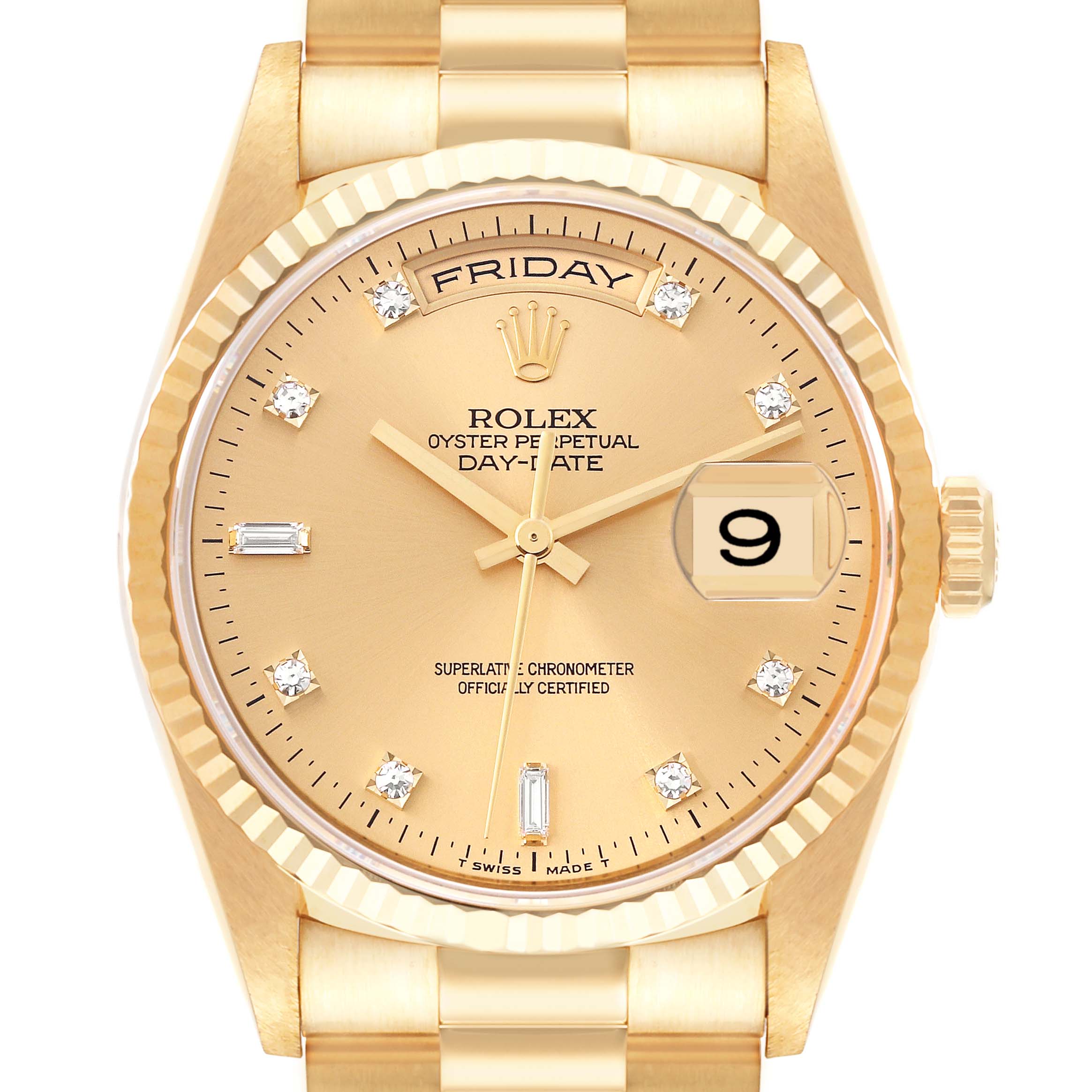 The Rolex President 18238 Men
s Yellow Gold Champagne Dial 18238 Men
s Yellow Gold Champagne Dial model watch is shown from a top-down angle, displaying its dial, hands, crown, and part of the bracelet.