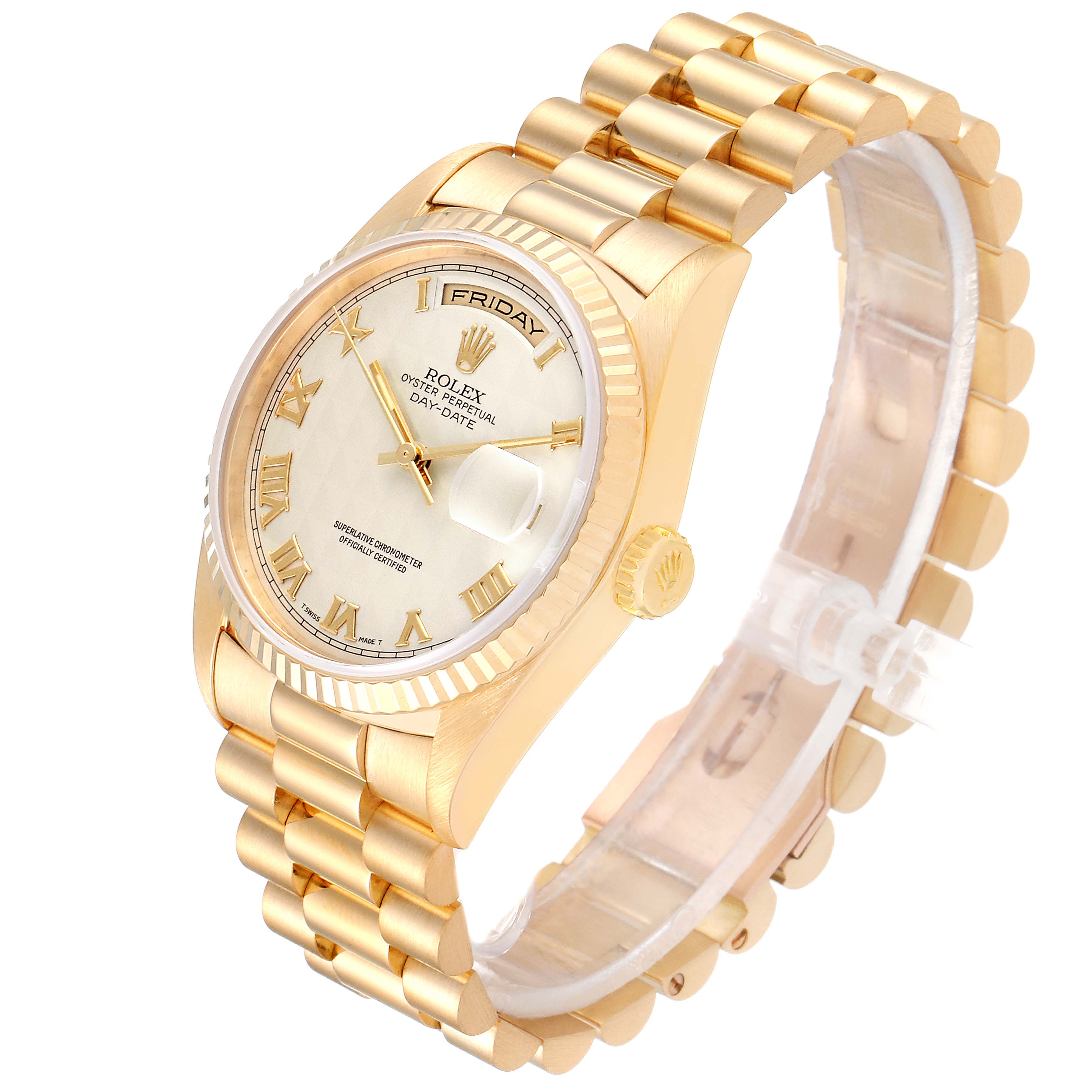 The image shows a President model Rolex watch at a slight angle, highlighting the gold bracelet, crown, and face with day and date display.