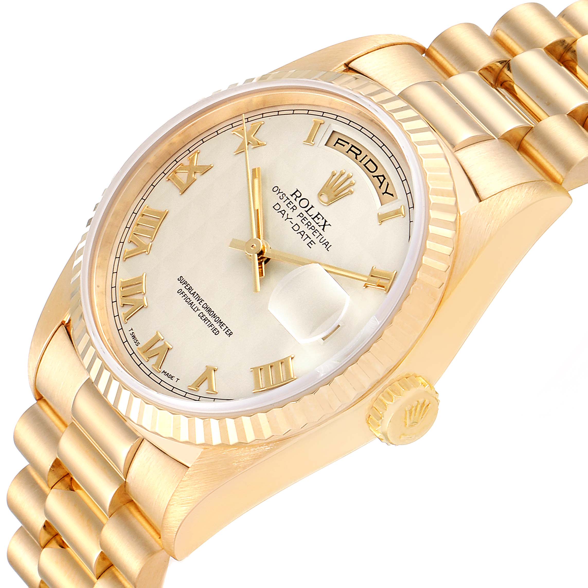The image shows a close-up side angle of a Rolex President 18238 Men's Yellow Gold Beige Dial 18238 Men's Yellow Gold Beige Dial model watch, highlighting the dial, bezel, bracelet, and crown.