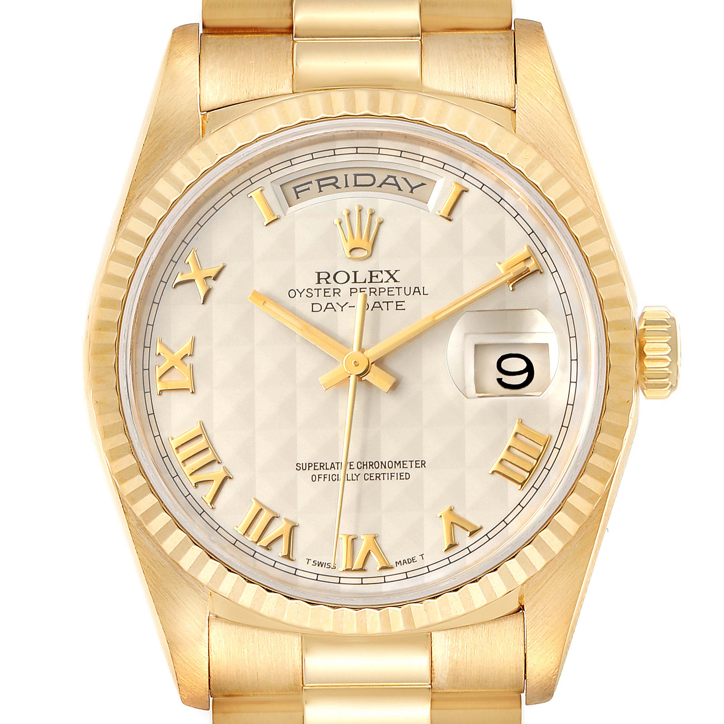 The image shows a front view of a Rolex President 18238 Men's Yellow Gold Beige Dial 18238 Men's Yellow Gold Beige Dial Day-Date watch, highlighting the dial, gold case, and bracelet.