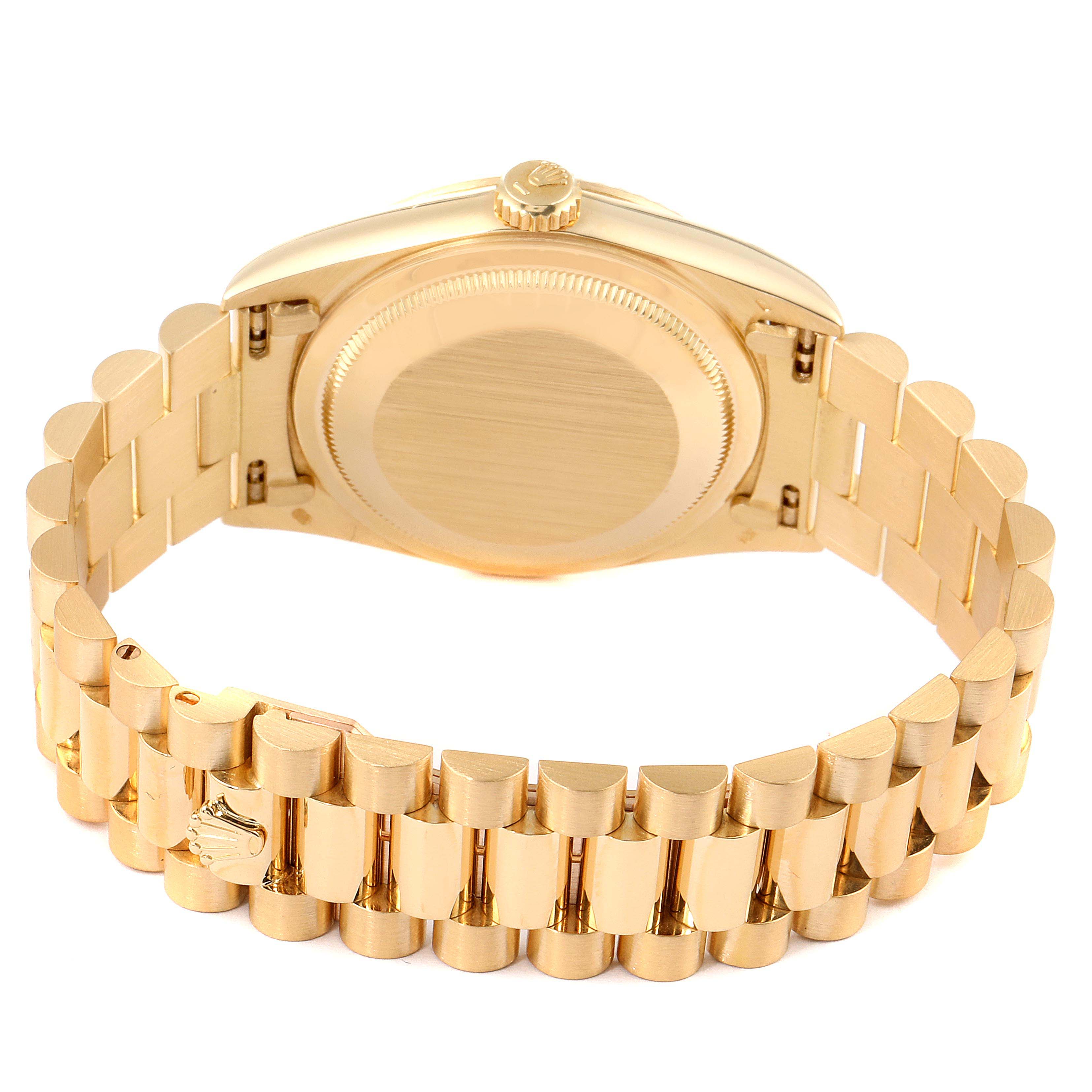 This image shows the back view of a Rolex President 18238 Men's Yellow Gold Beige Dial 18238 Men's Yellow Gold Beige Dial model watch, highlighting its gold case and bracelet.