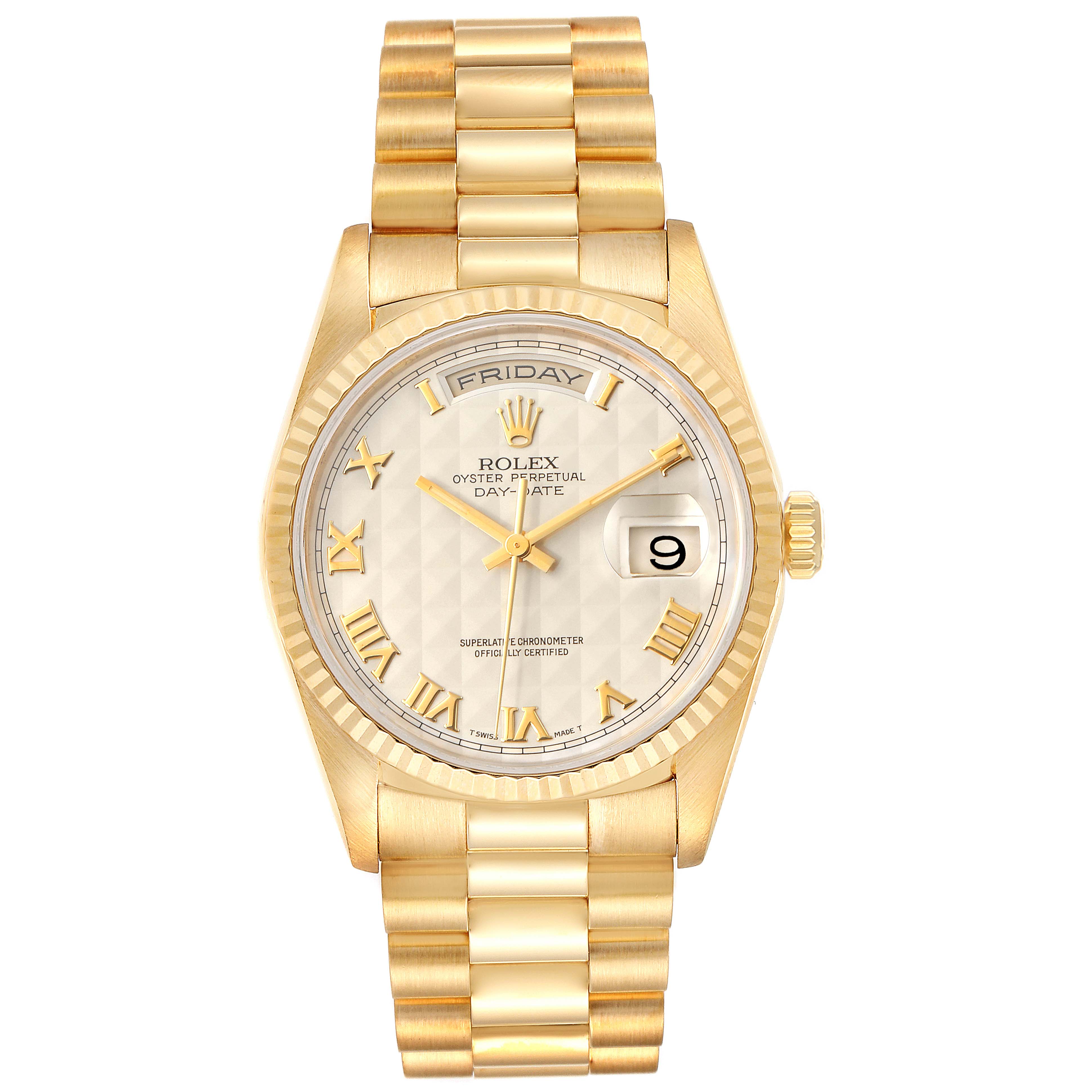 The image shows a front view of the Rolex President 18238 Men's Yellow Gold Beige Dial 18238 Men's Yellow Gold Beige Dial model watch, displaying the face, bezel, and bracelet.