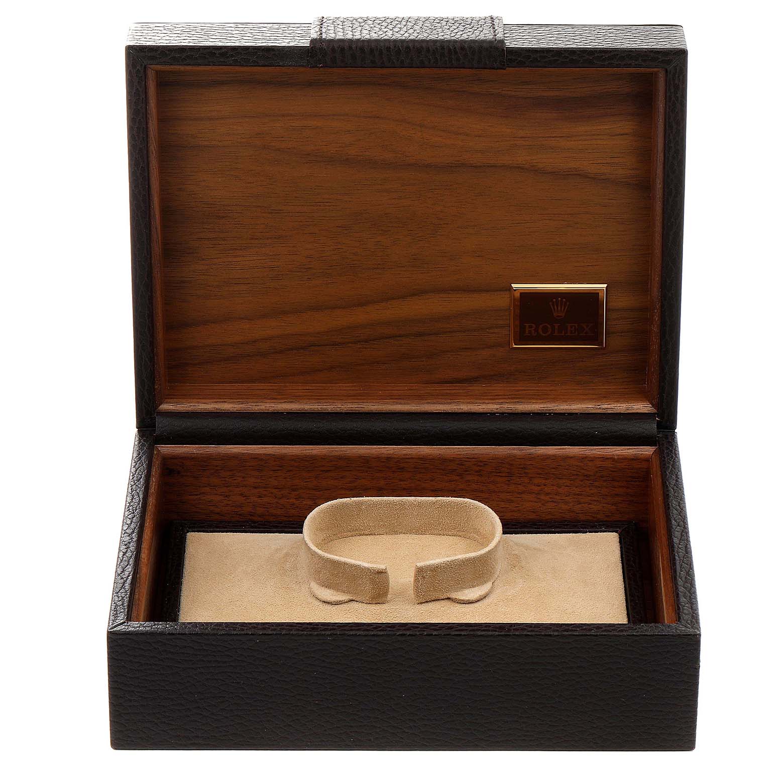 This is an open Rolex President 18238 Men's Yellow Gold Beige Dial 18238 Men's Yellow Gold Beige Dial watch box showing the interior with a watch cushion.