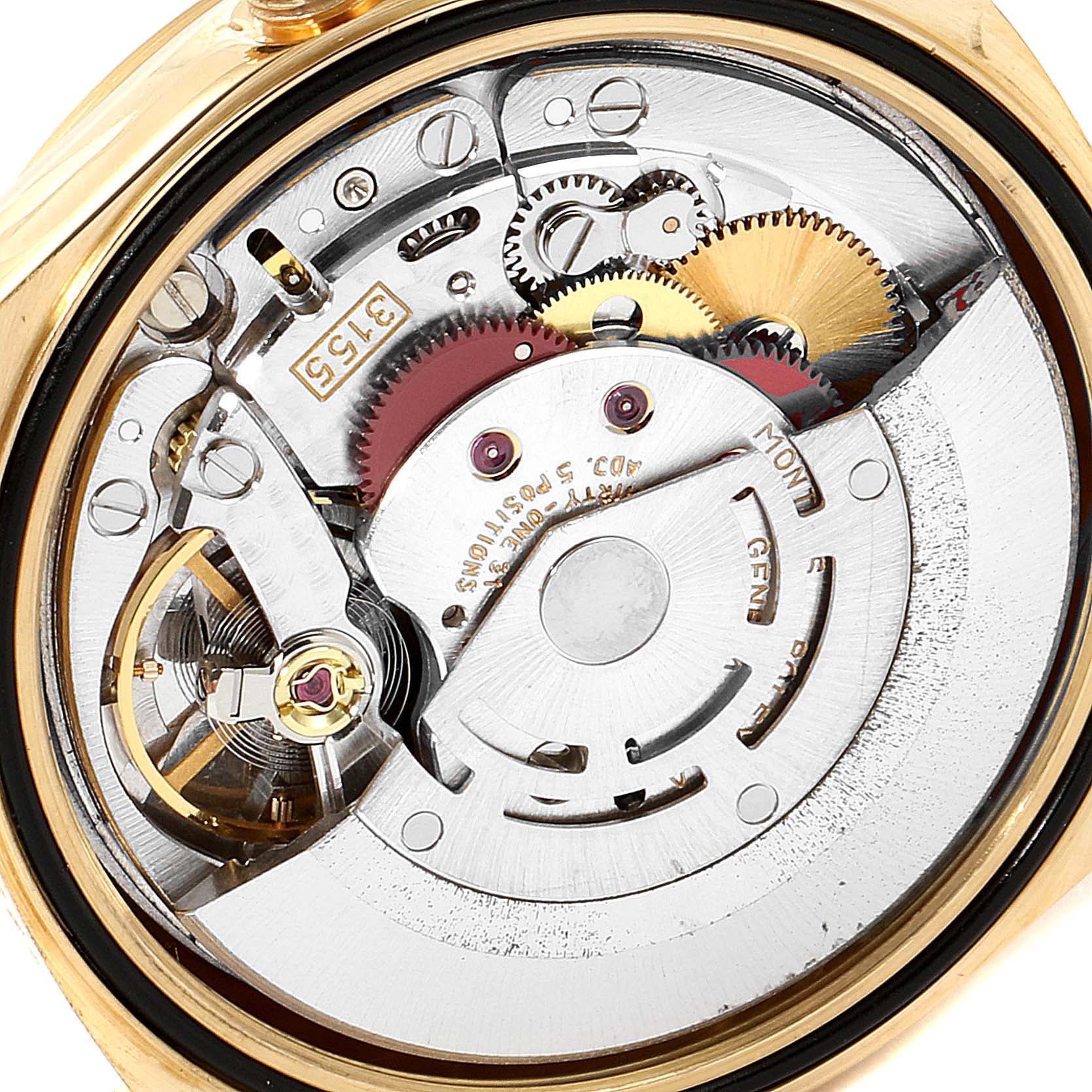 This image shows the internal movement components of a Rolex President 18238 Men's Yellow Gold Champagne Dial 18238 Men's Yellow Gold Champagne Dial model watch, viewed from the back.