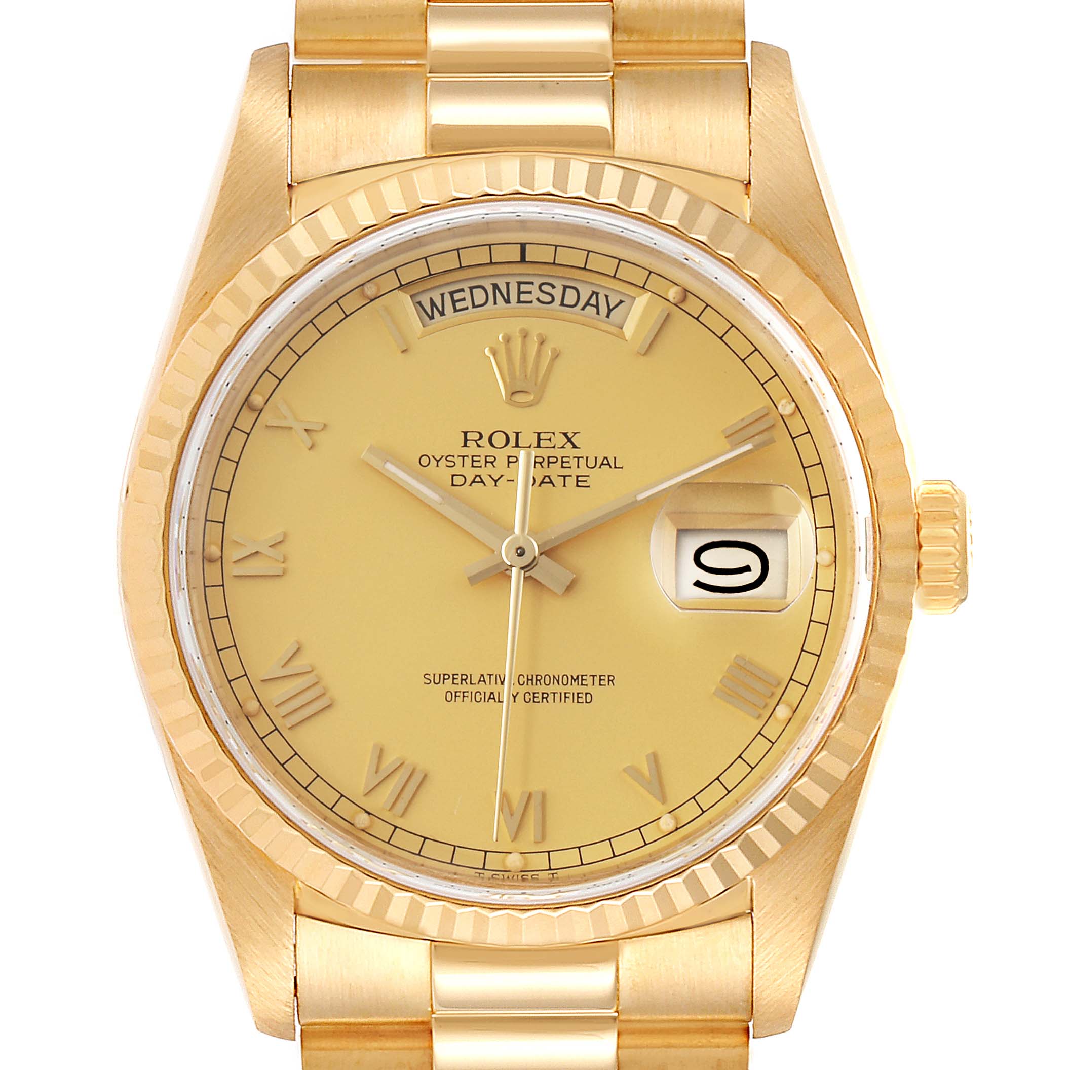 The image shows a frontal view of a Rolex President 18238 Men's Yellow Gold Champagne Dial 18238 Men's Yellow Gold Champagne Dial Day-Date watch, highlighting the dial, bracelet, and crown.