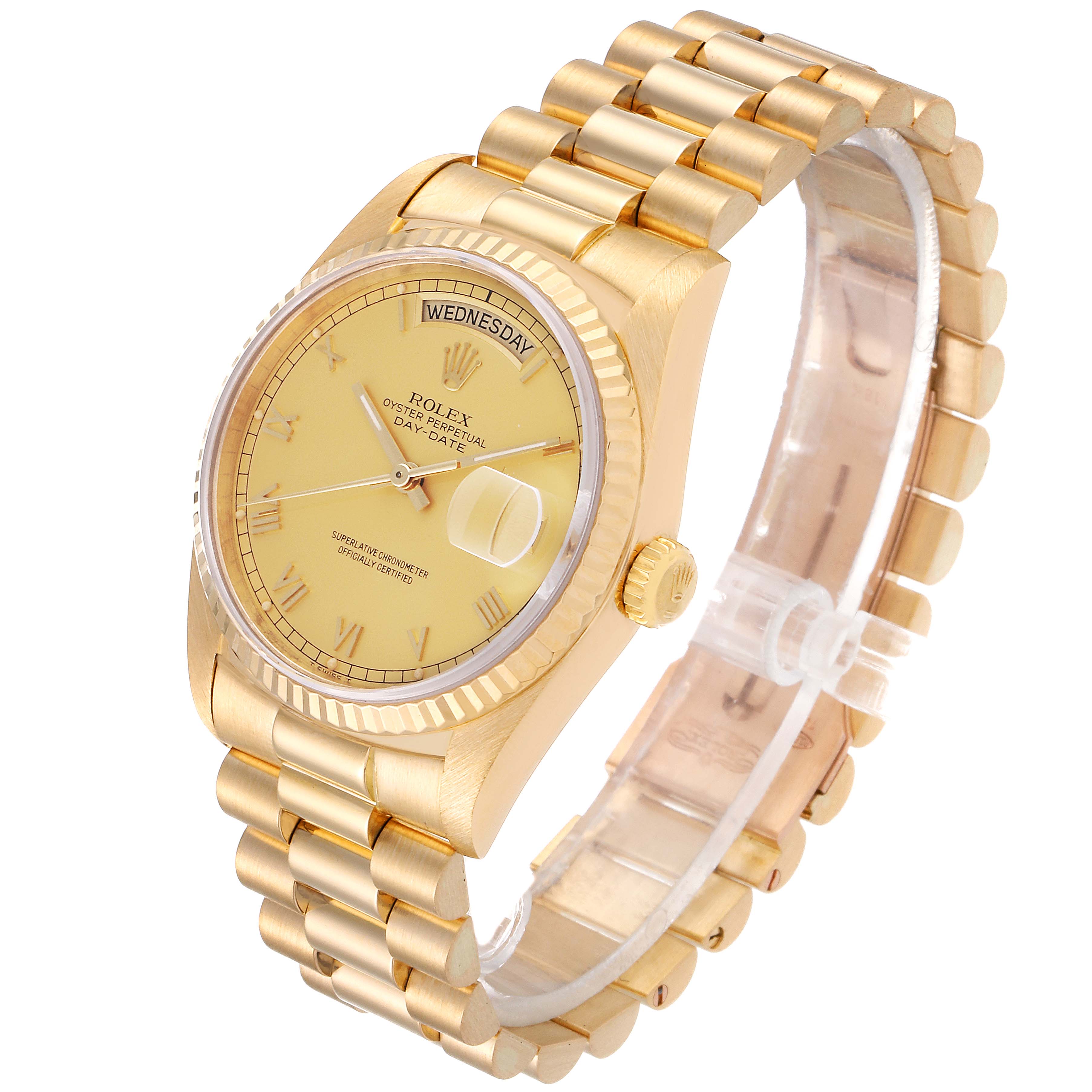 The Rolex President 18238 Men's Yellow Gold Champagne Dial 18238 Men's Yellow Gold Champagne Dial watch is shown at a three-quarter front angle, highlighting its gold case, bracelet, dial, and day-date feature.