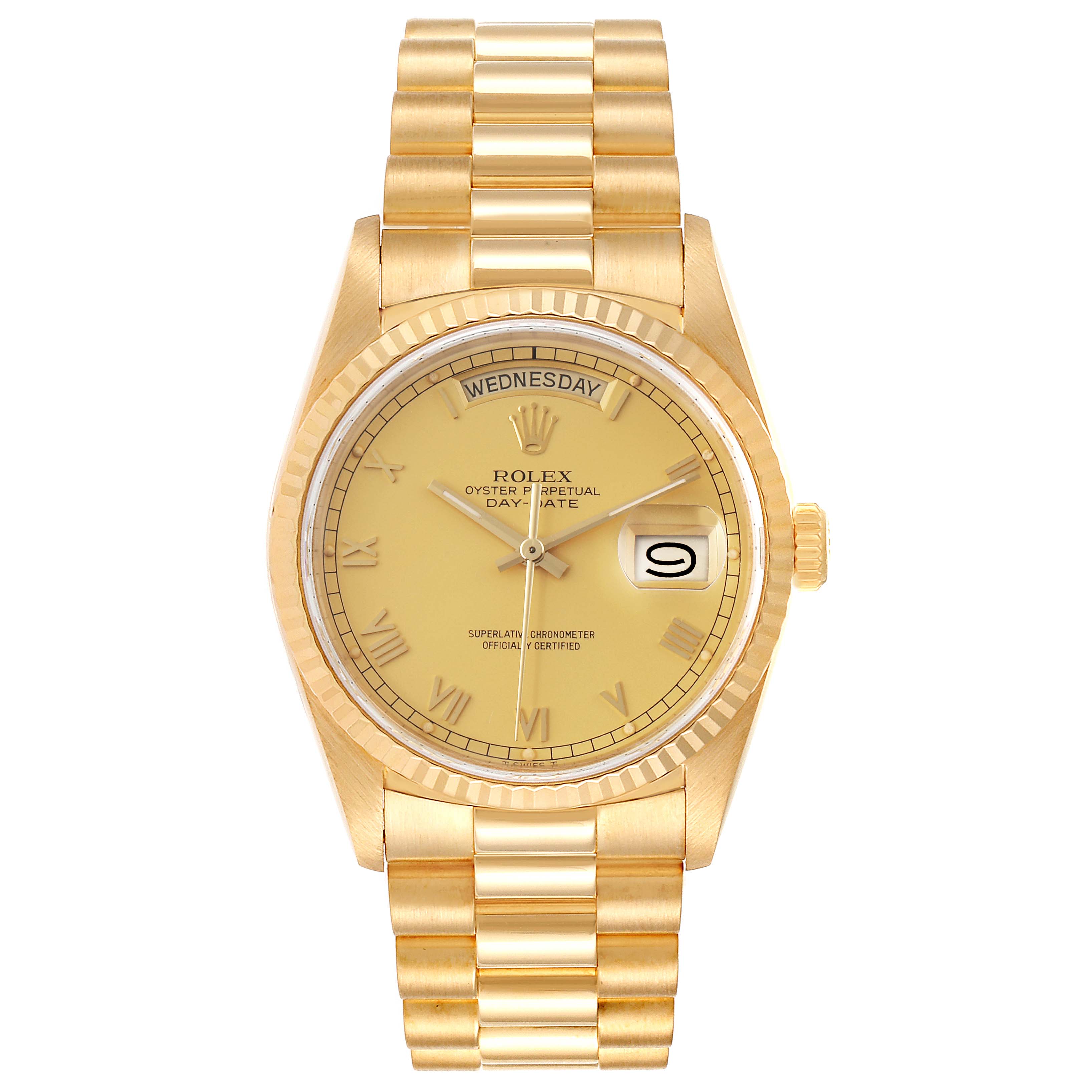 The image shows a front view of a Rolex President 18238 Men's Yellow Gold Champagne Dial 18238 Men's Yellow Gold Champagne Dial model watch, featuring its gold bracelet, dial, bezel, and crown.