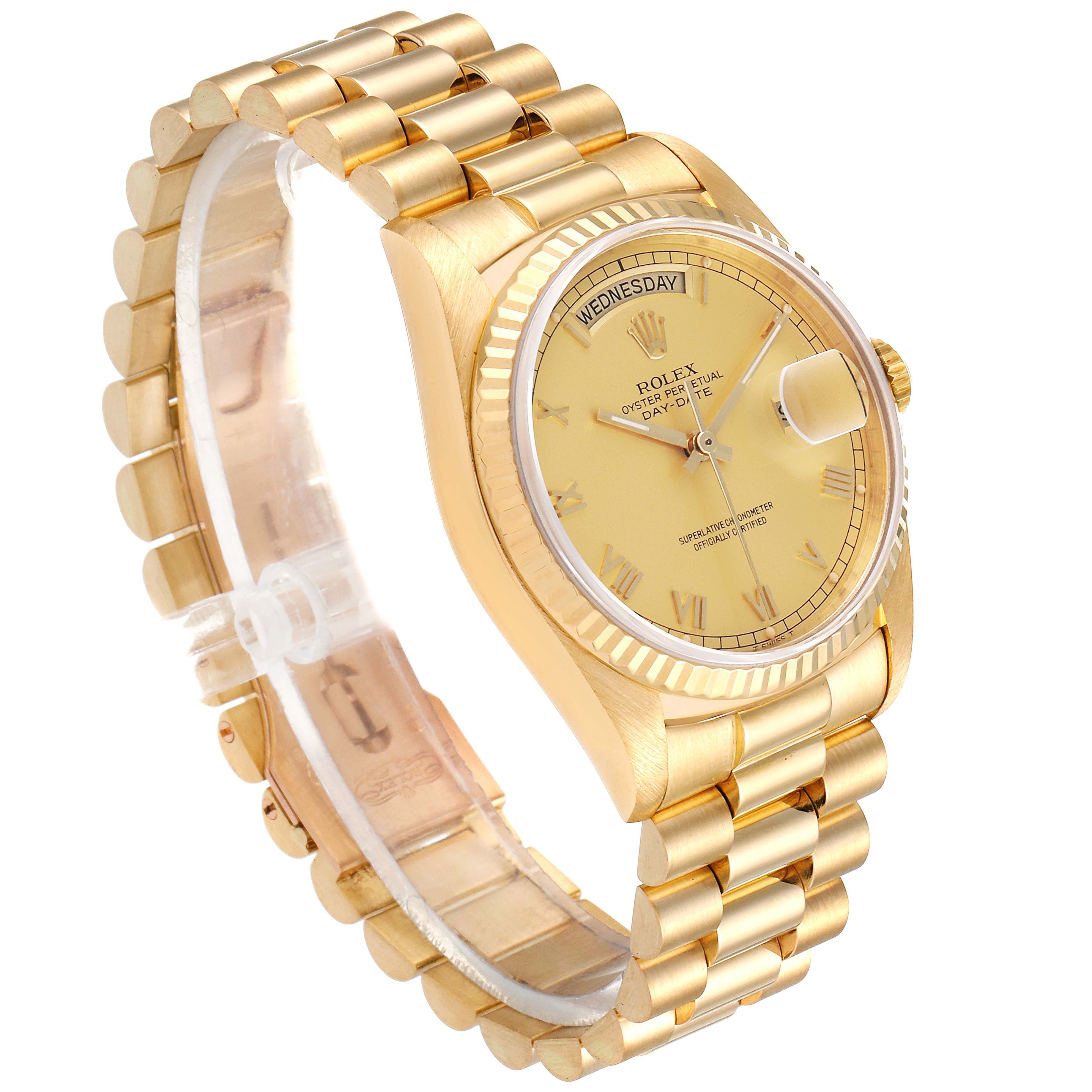 This Rolex President 18238 Men's Yellow Gold Champagne Dial 18238 Men's Yellow Gold Champagne Dial model watch is shown at a three-quarter angle displaying the gold band, face, and fluted bezel.