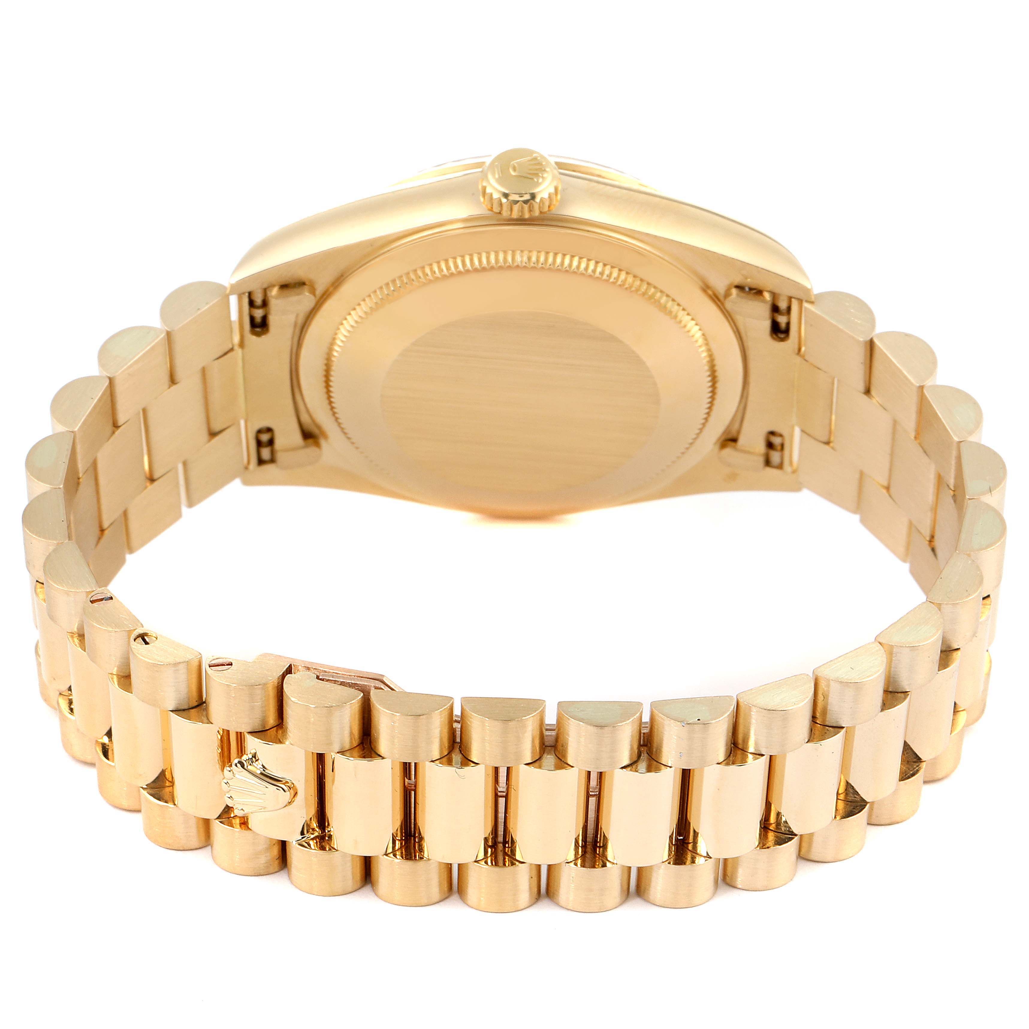 The image shows the back view and the bracelet of a Rolex President 18238 Men's Yellow Gold Champagne Dial 18238 Men's Yellow Gold Champagne Dial model watch.