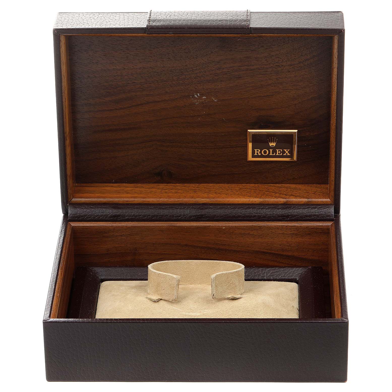 The image shows an open wooden box for a Rolex President 18238 Men's Yellow Gold Champagne Dial 18238 Men's Yellow Gold Champagne Dial model watch, highlighting the interior and emblem.