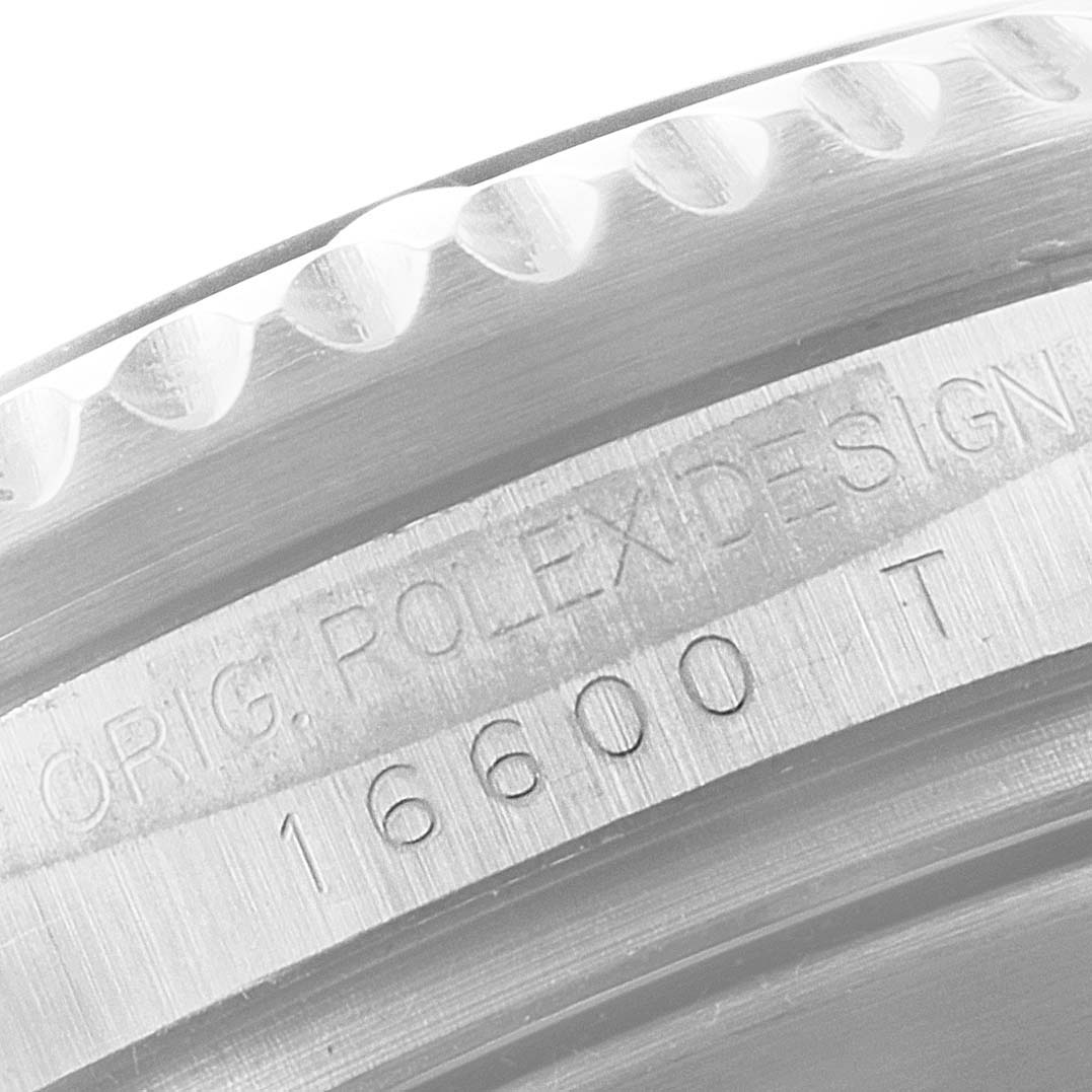 This image shows a close-up angle of the engraved model and design mark on the side of the Rolex Sea-Dweller 16600 Men
s Stainless Steel Black Dial 16600 Men
s Stainless Steel Black Dial watch.