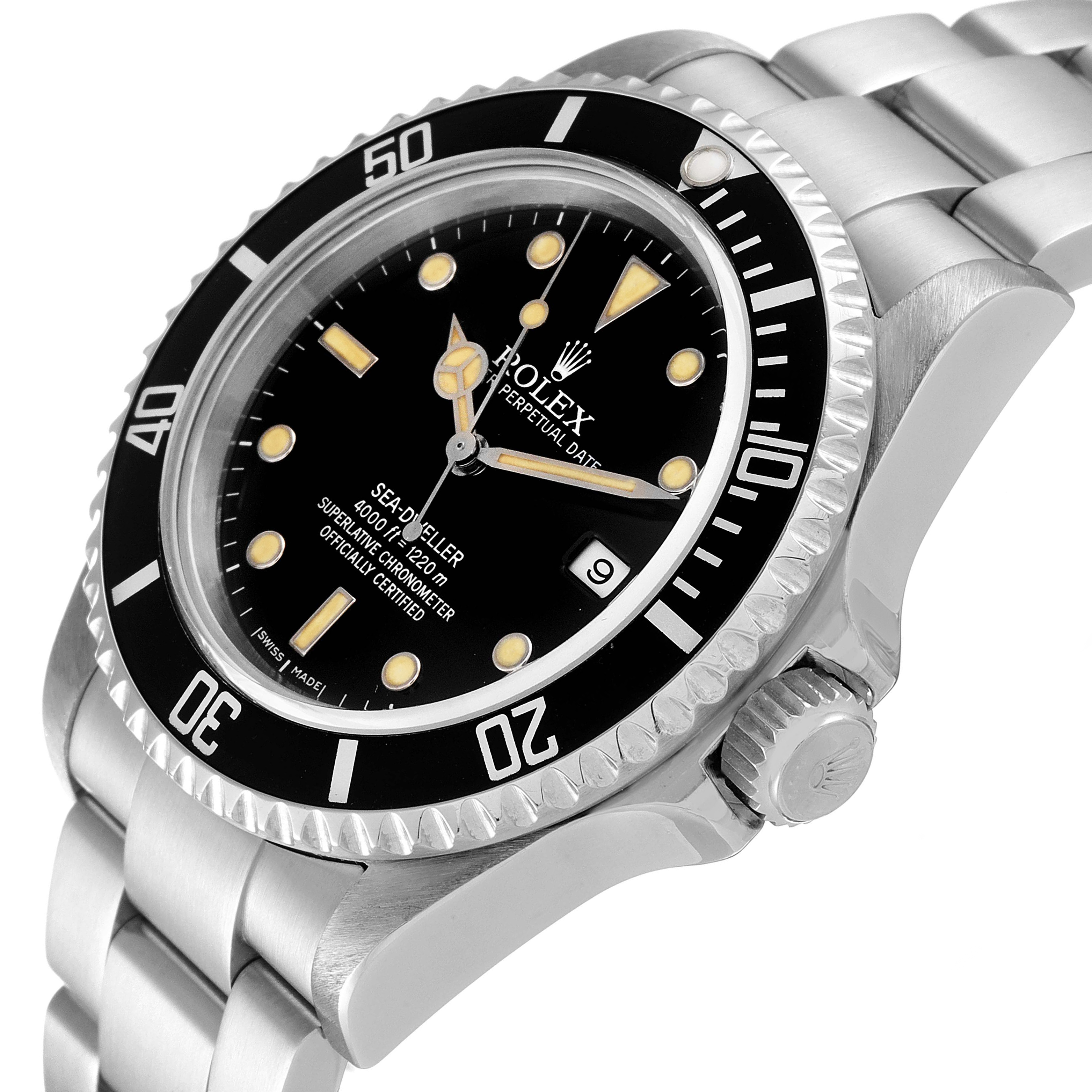 The image shows a close-up angle of a Rolex Sea-Dweller 16600 Men
s Stainless Steel Black Dial 16600 Men
s Stainless Steel Black Dial, highlighting the dial, bezel, crown, and part of the bracelet.