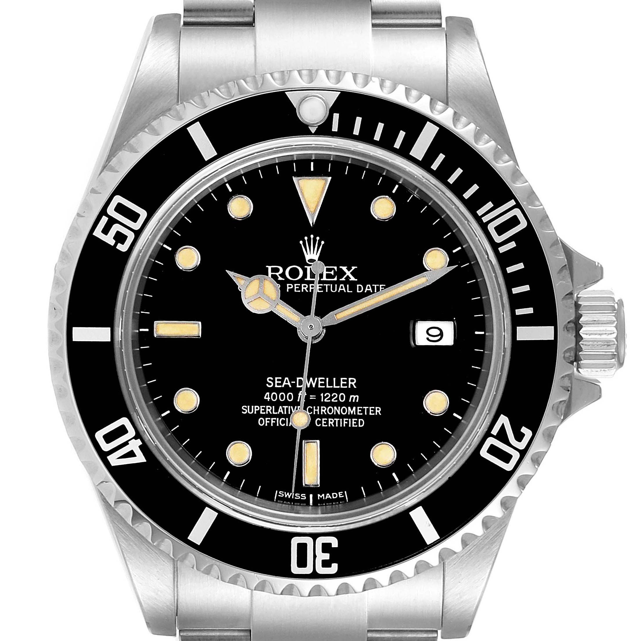 The image shows a front view of a Rolex Sea-Dweller 16600 Men
s Stainless Steel Black Dial 16600 Men
s Stainless Steel Black Dial watch, highlighting its dial, bezel, bracelet, and the crown on the side.