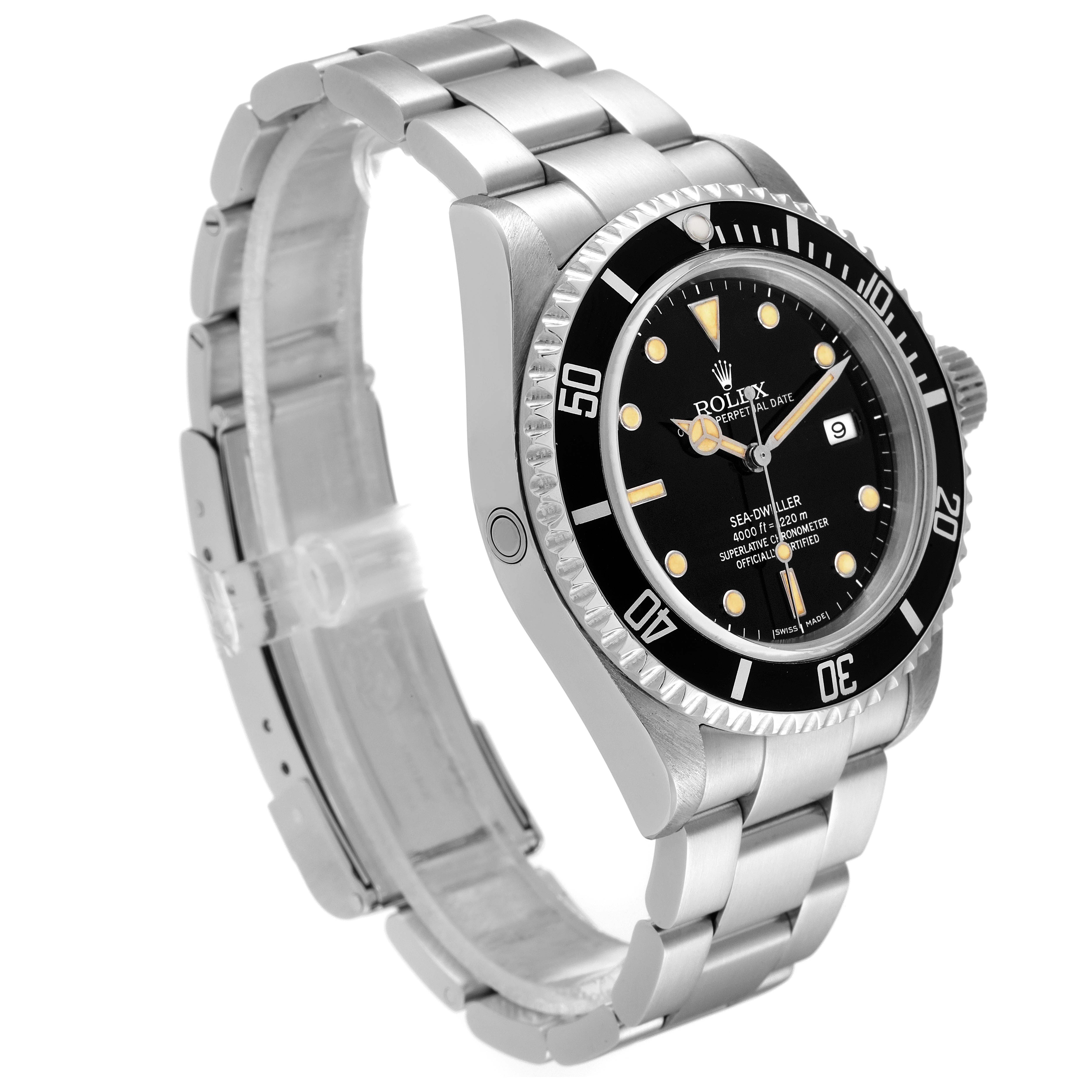 This image shows a Rolex Sea-Dweller 16600 Men
s Stainless Steel Black Dial 16600 Men
s Stainless Steel Black Dial watch at an angle highlighting its bezel, dial, bracelet, and crown.