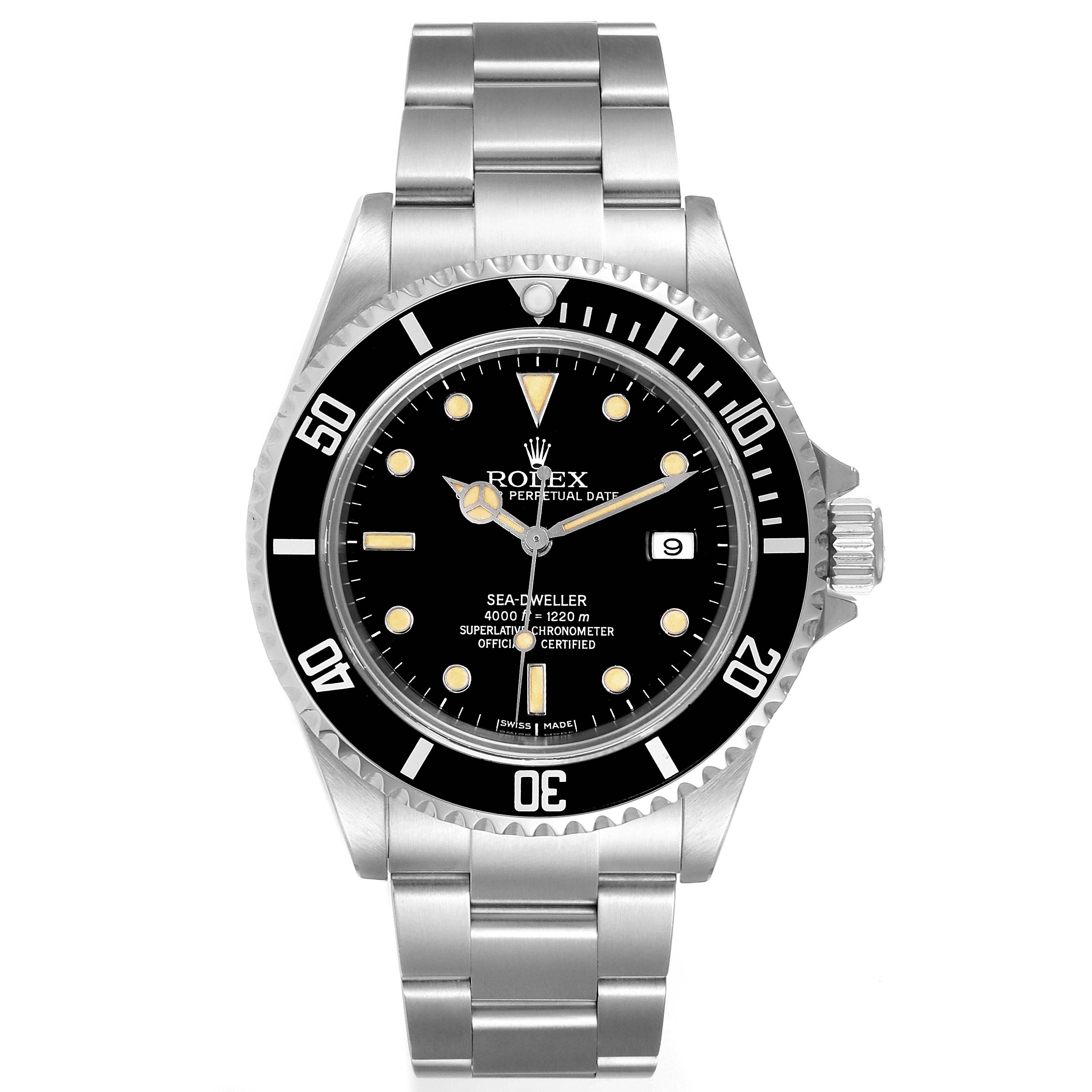 The image shows a front view of the Rolex Sea-Dweller 16600 Men
s Stainless Steel Black Dial 16600 Men
s Stainless Steel Black Dial watch, highlighting its face, bezel, dial, and bracelet.