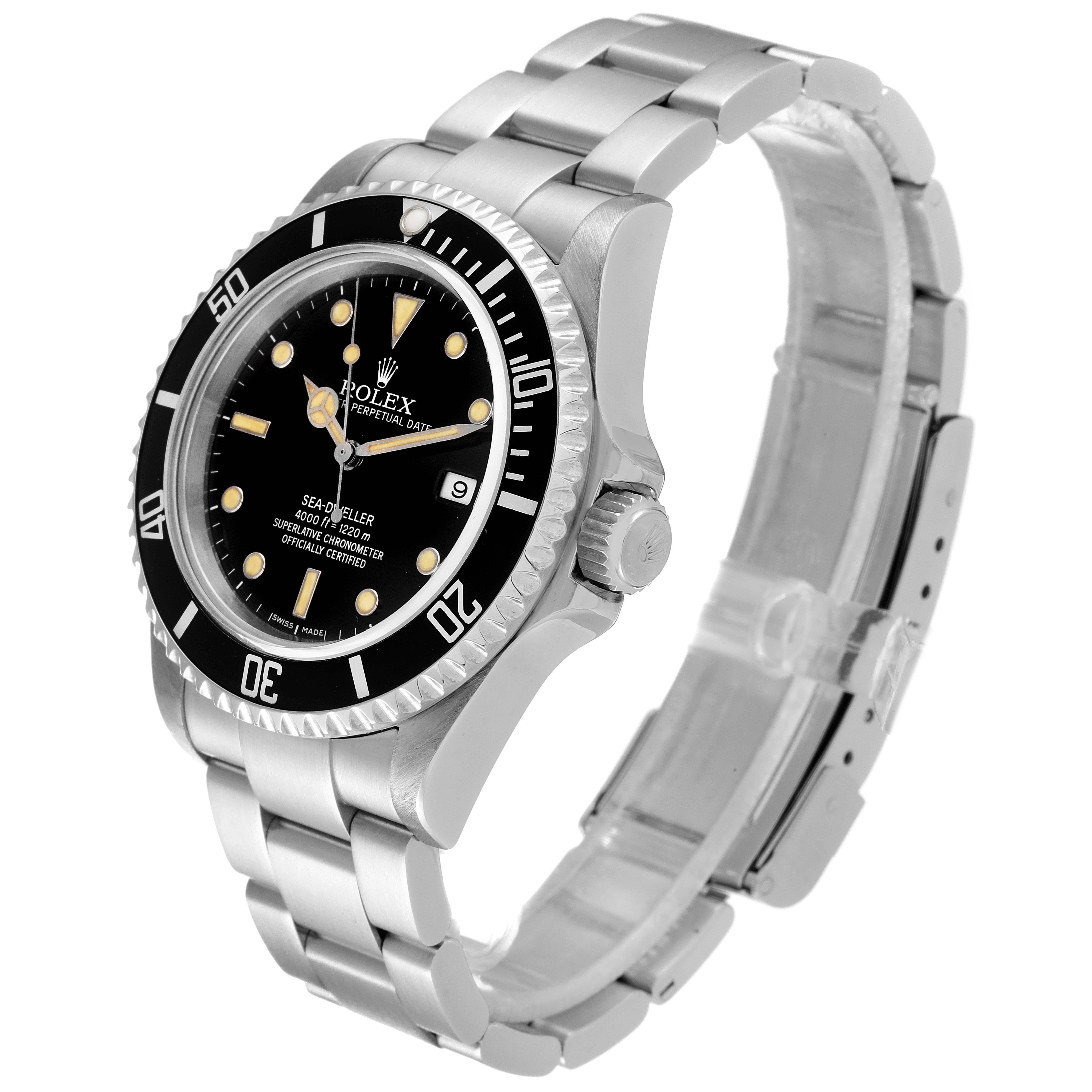 The image shows the Rolex Sea-Dweller 16600 Men
s Stainless Steel Black Dial 16600 Men
s Stainless Steel Black Dial watch at a 3/4 angle, highlighting the face, bezel, and bracelet.