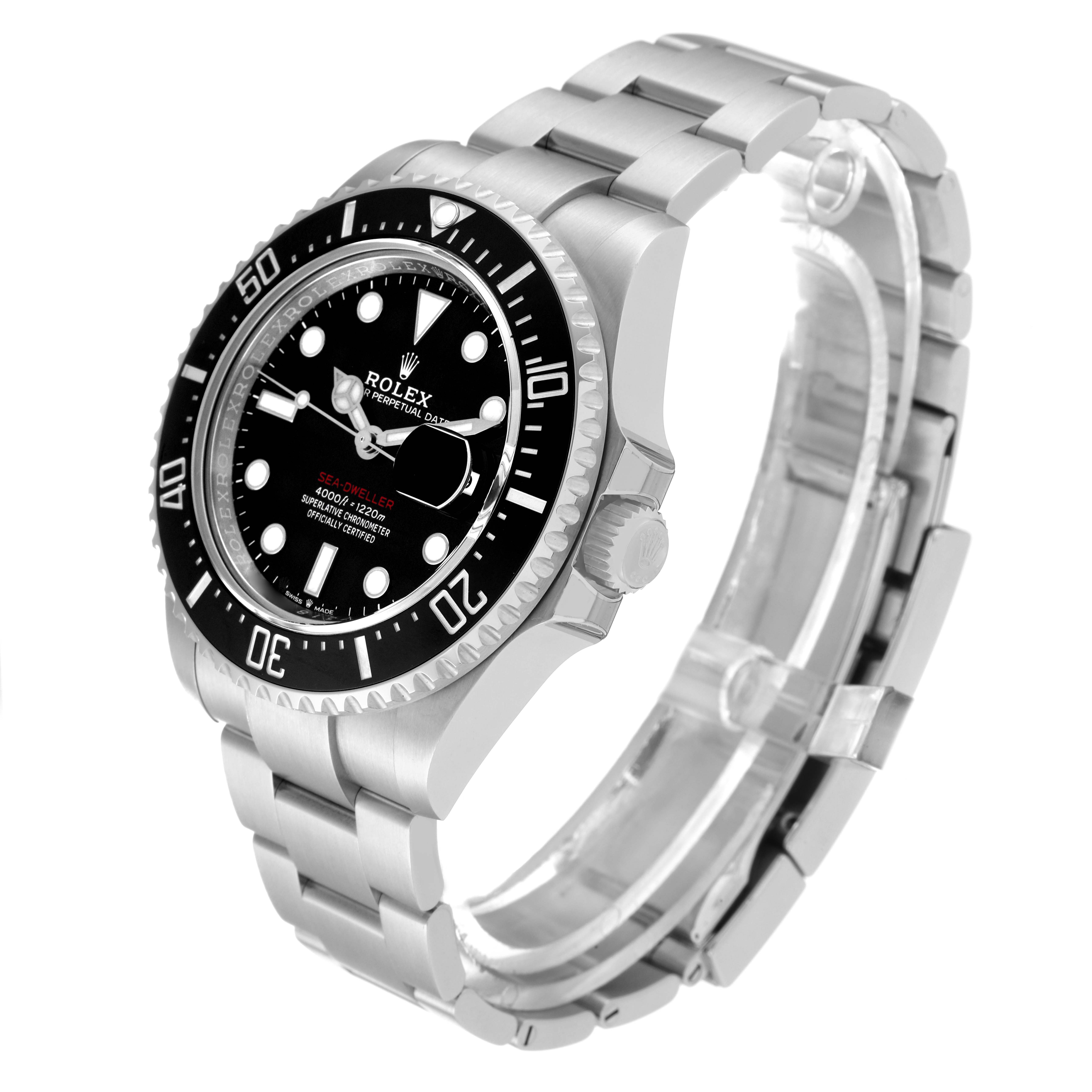 The image shows a Rolex Sea-Dweller 126600 Men
s Stainless Steel Black Dial 126600 Men
s Stainless Steel Black Dial watch angled to display its face, bezel, crown, and bracelet.