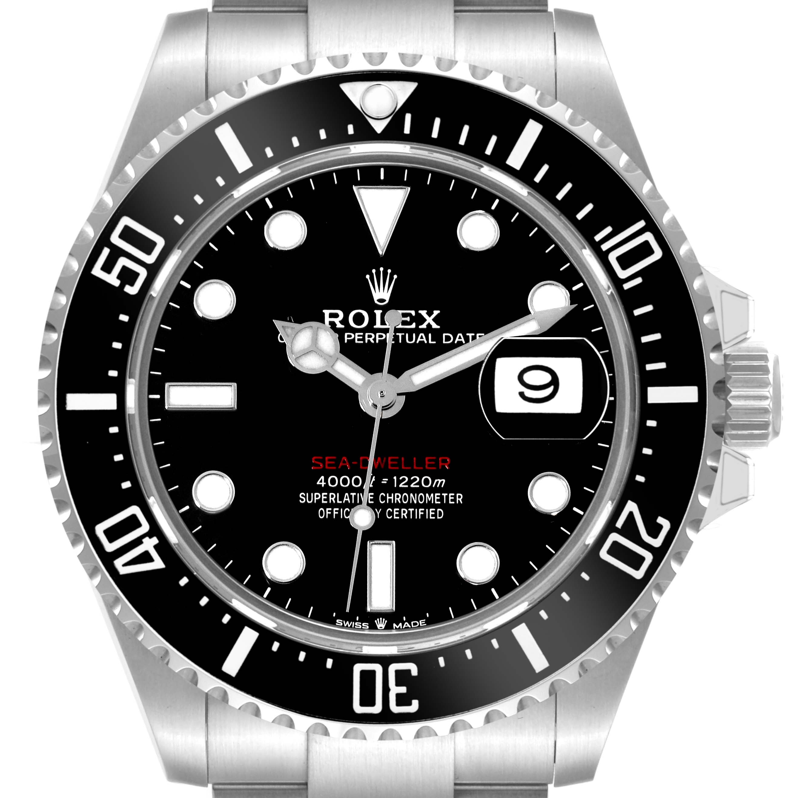 The image shows a front view of a Rolex Sea-Dweller 126600 Men
s Stainless Steel Black Dial 126600 Men
s Stainless Steel Black Dial watch, displaying the dial, bezel, and bracelet
s top part.