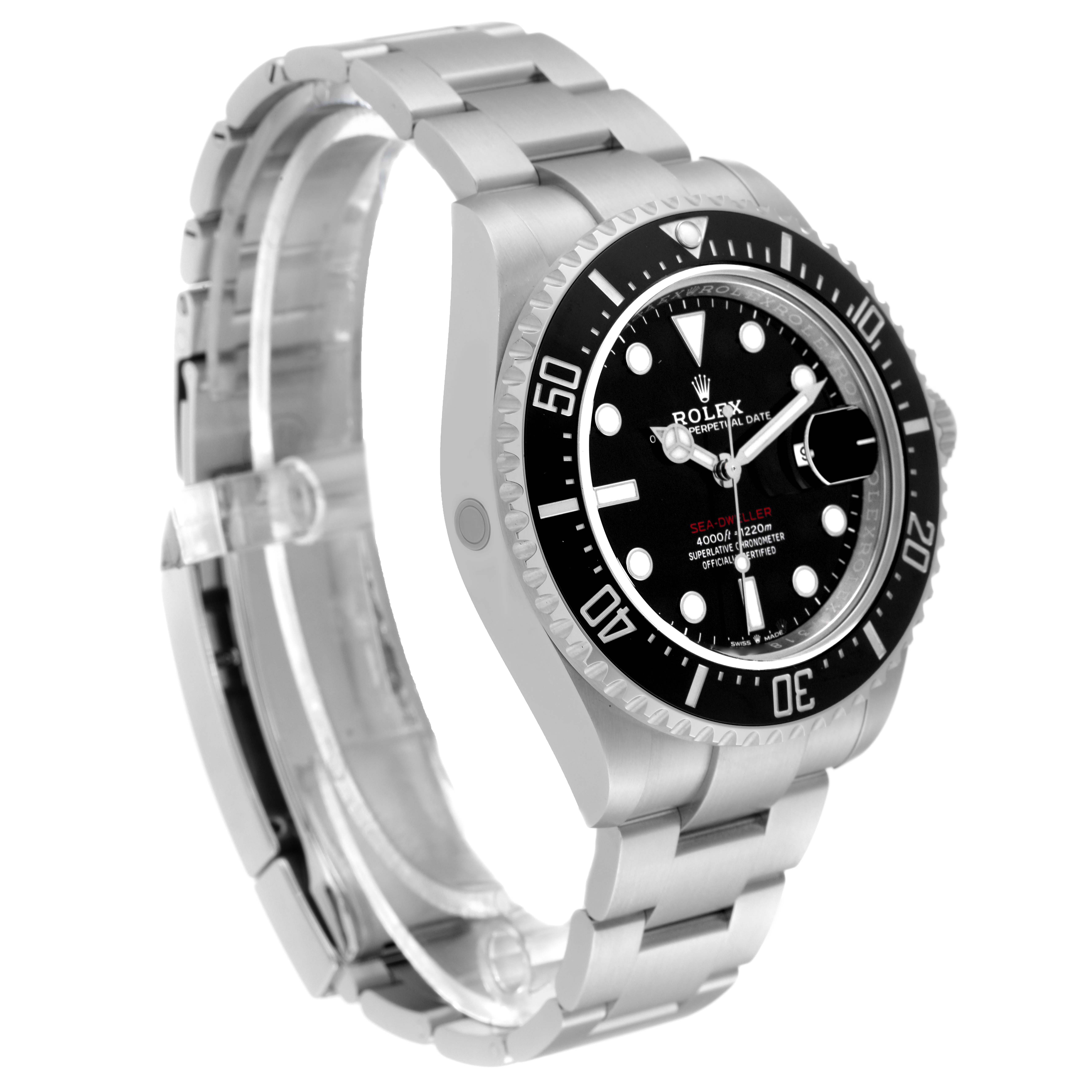 The image shows a side and front angle of the Rolex Sea-Dweller 126600 Men
s Stainless Steel Black Dial 126600 Men
s Stainless Steel Black Dial, highlighting its bracelet, bezel, and dial.