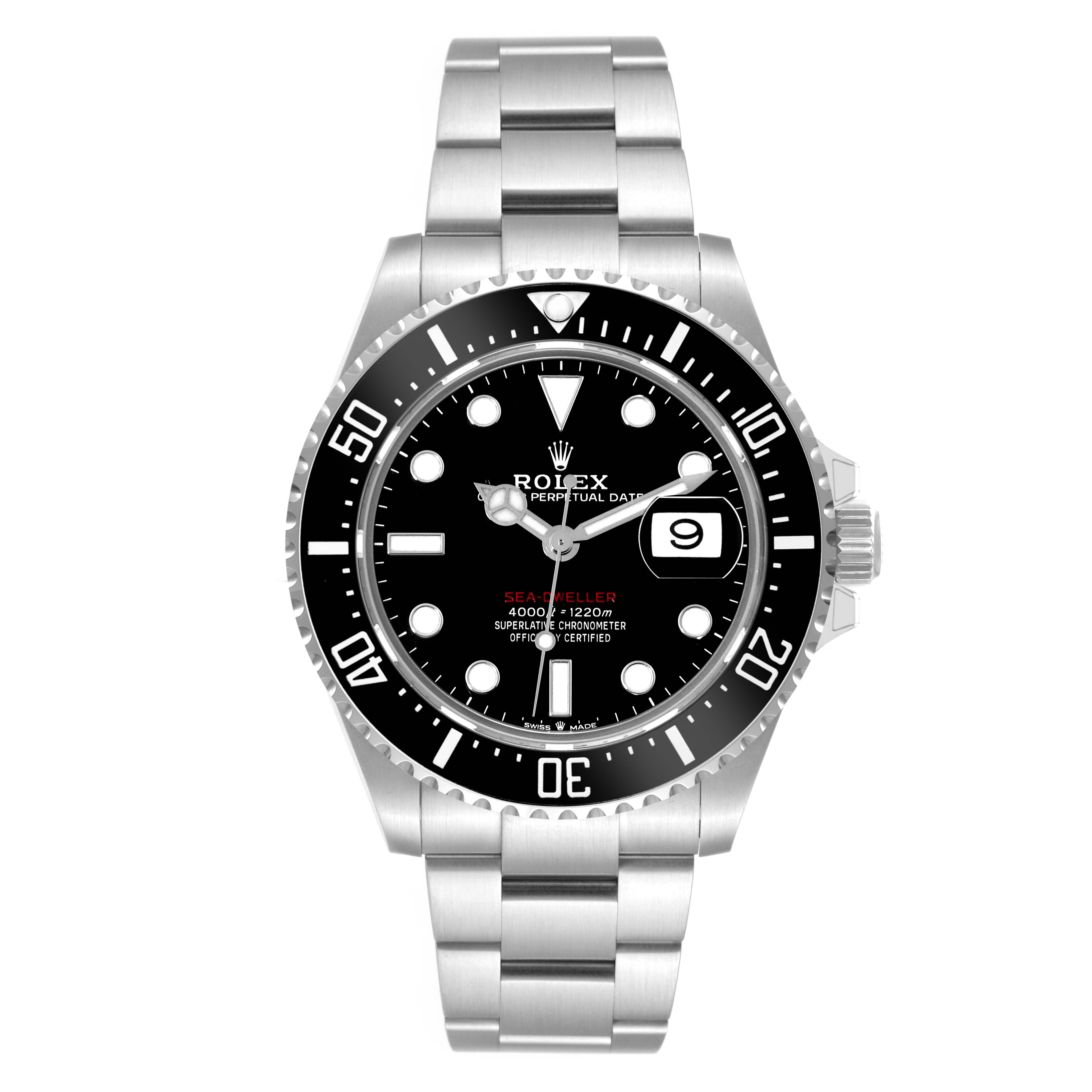The image shows a front view of a Rolex Sea-Dweller 126600 Men
s Stainless Steel Black Dial 126600 Men
s Stainless Steel Black Dial watch, highlighting its face, bezel, dial, and bracelet.
