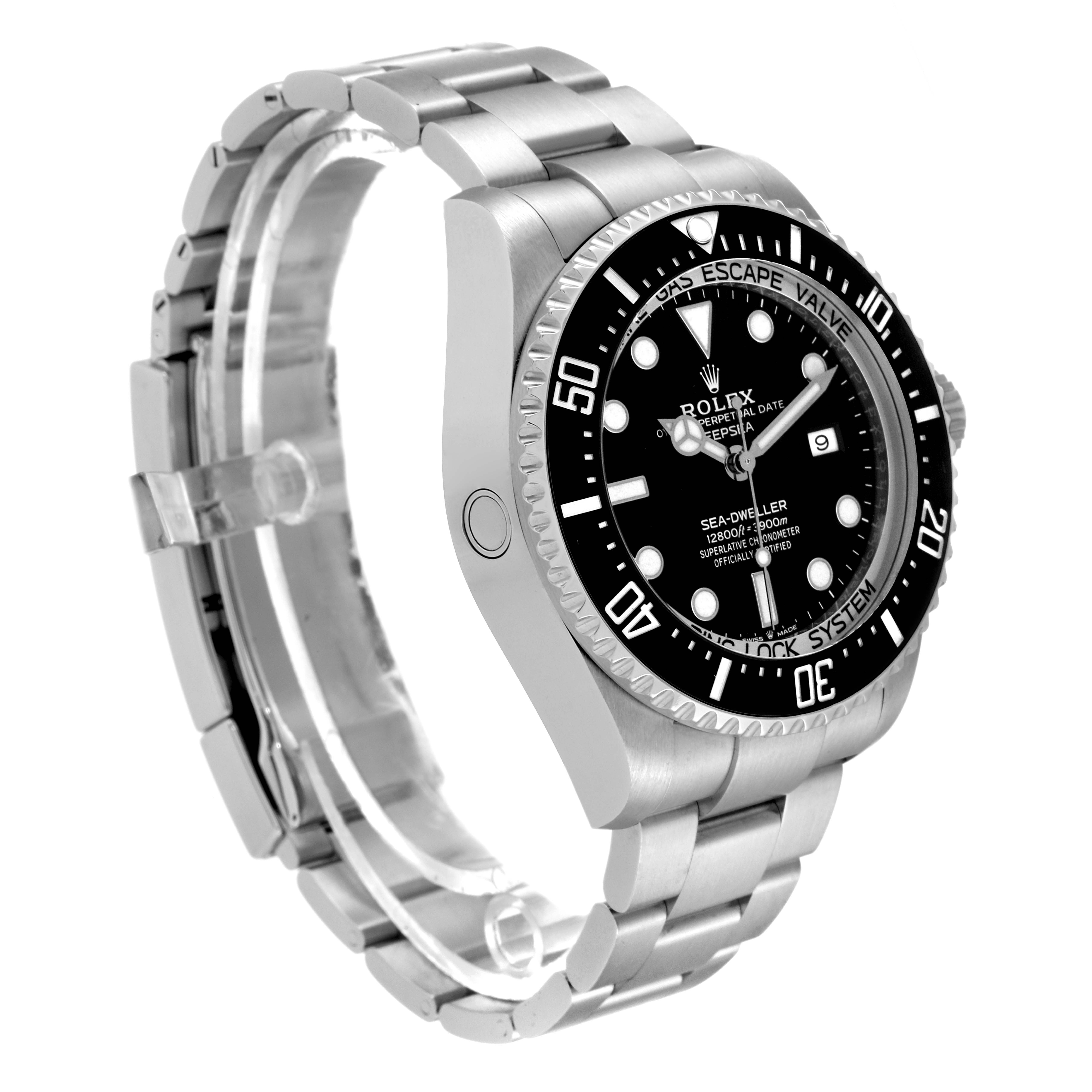 The image shows a side and angled view of a Rolex Sea-Dweller 126660 Men's Stainless Steel Black Dial 126660 Men's Stainless Steel Black Dial watch, displaying its bezel, dial, and bracelet.