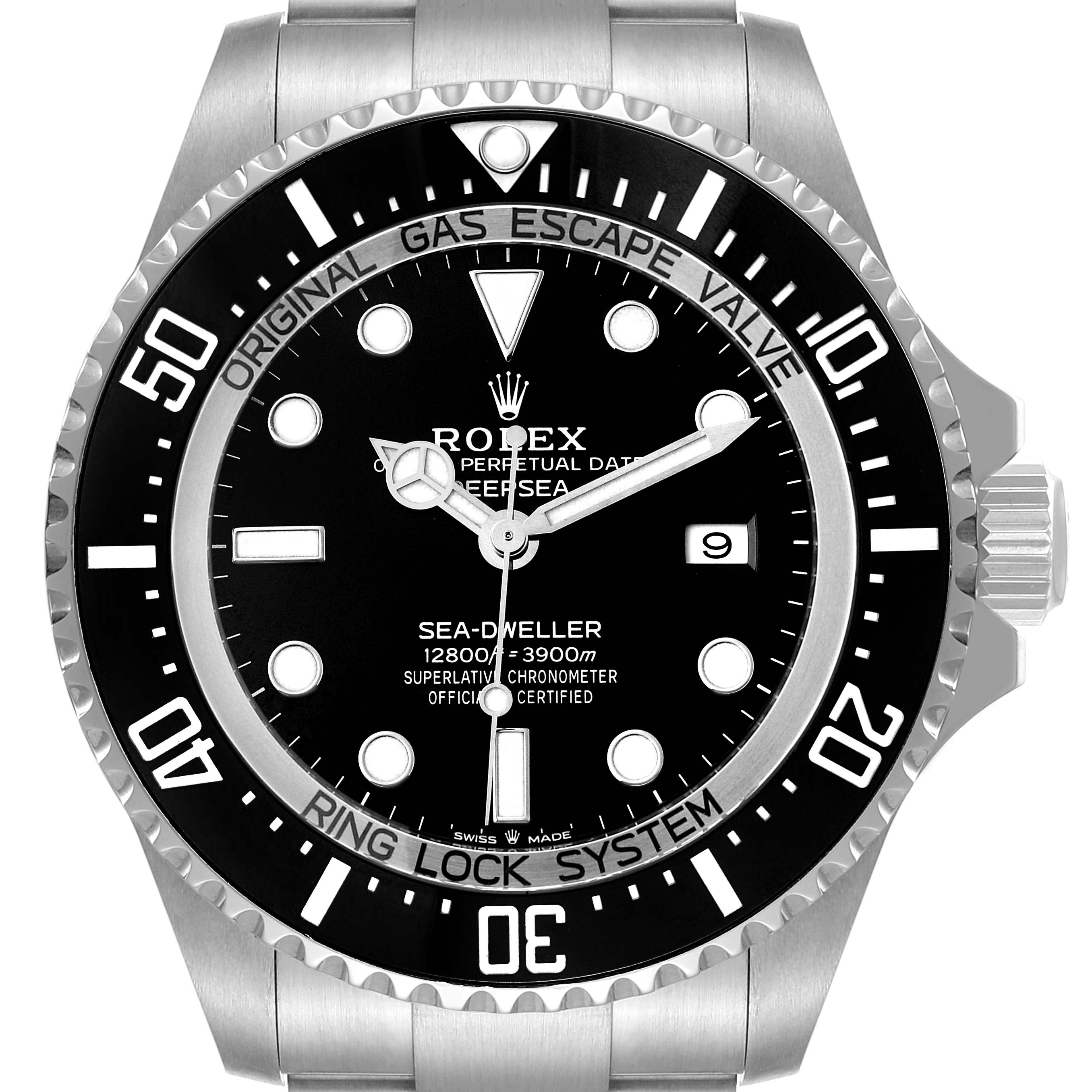 This image shows a front view of the Rolex Sea-Dweller 126660 Men's Stainless Steel Black Dial 126660 Men's Stainless Steel Black Dial watch, highlighting its bezel, dial, and crown.