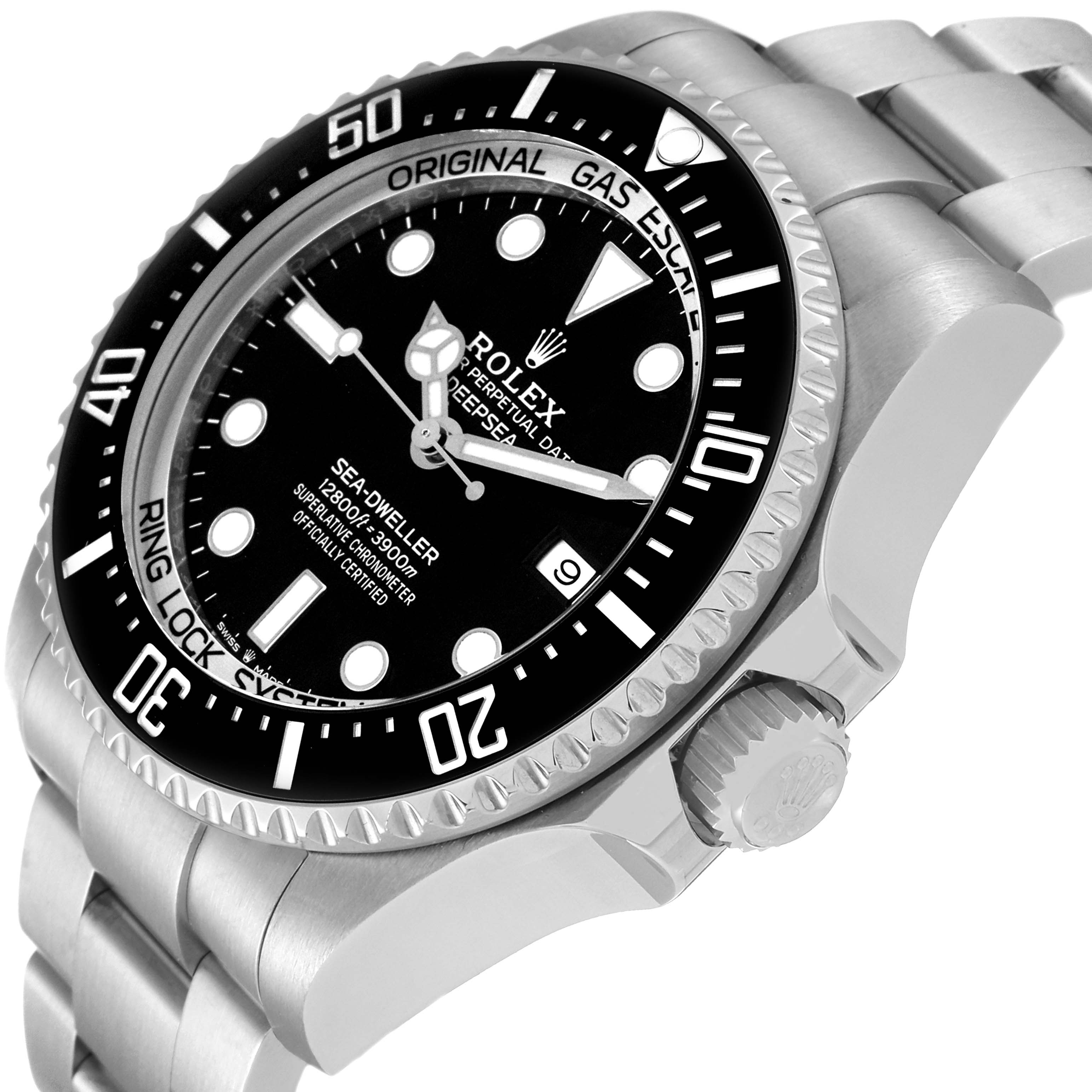 The image shows a Rolex Sea-Dweller 126660 Men's Stainless Steel Black Dial 126660 Men's Stainless Steel Black Dial watch from an angled perspective, highlighting the bezel, crown, and part of the bracelet.