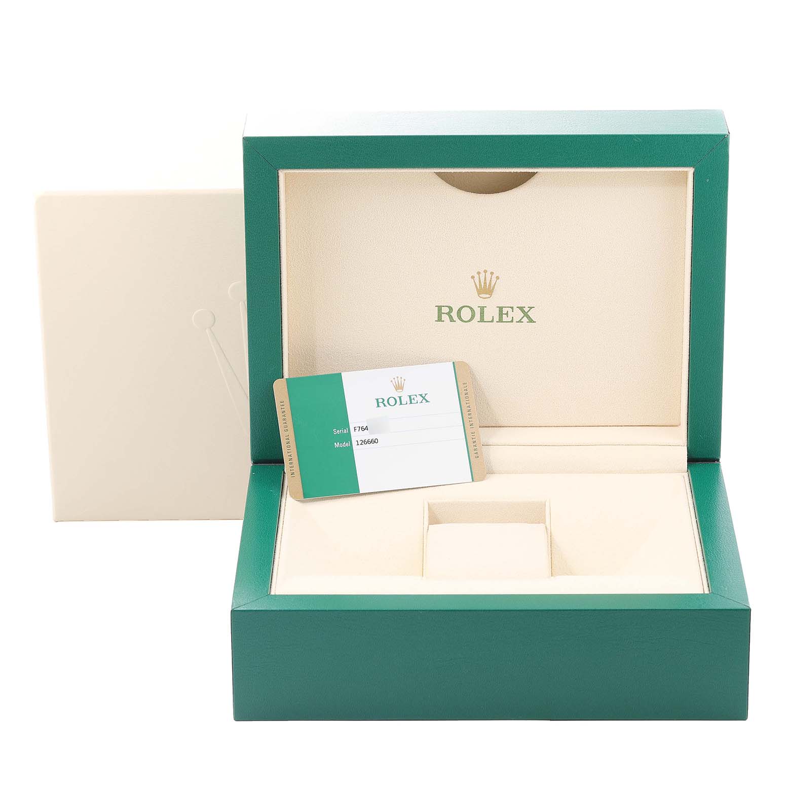 The image displays an open green watch box for the Rolex Sea-Dweller 126660 Men's Stainless Steel Black Dial 126660 Men's Stainless Steel Black Dial and a green and white authenticity card.