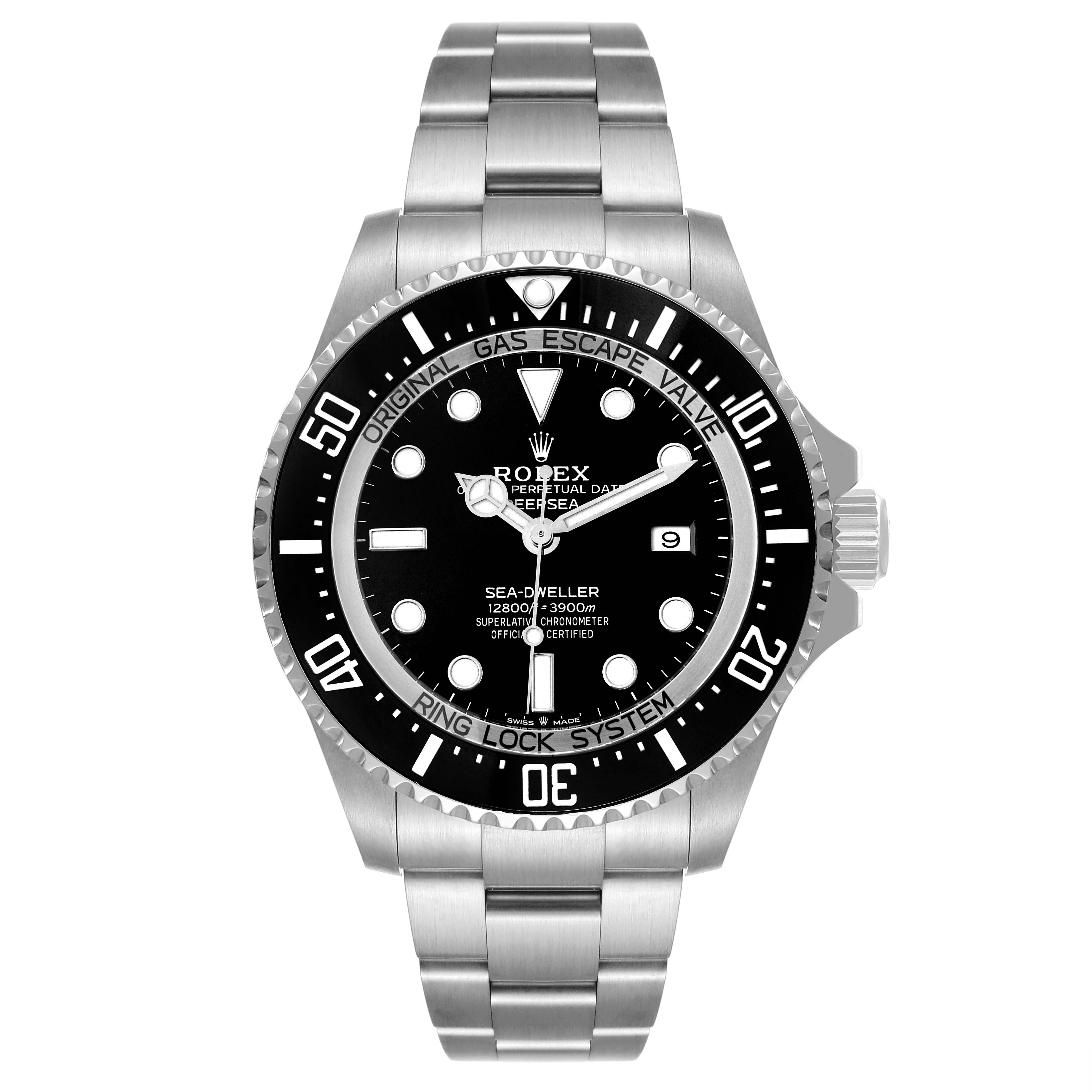 The image shows a front view of the Rolex Sea-Dweller 126660 Men's Stainless Steel Black Dial 126660 Men's Stainless Steel Black Dial watch, including the dial, bezel, case, and bracelet.