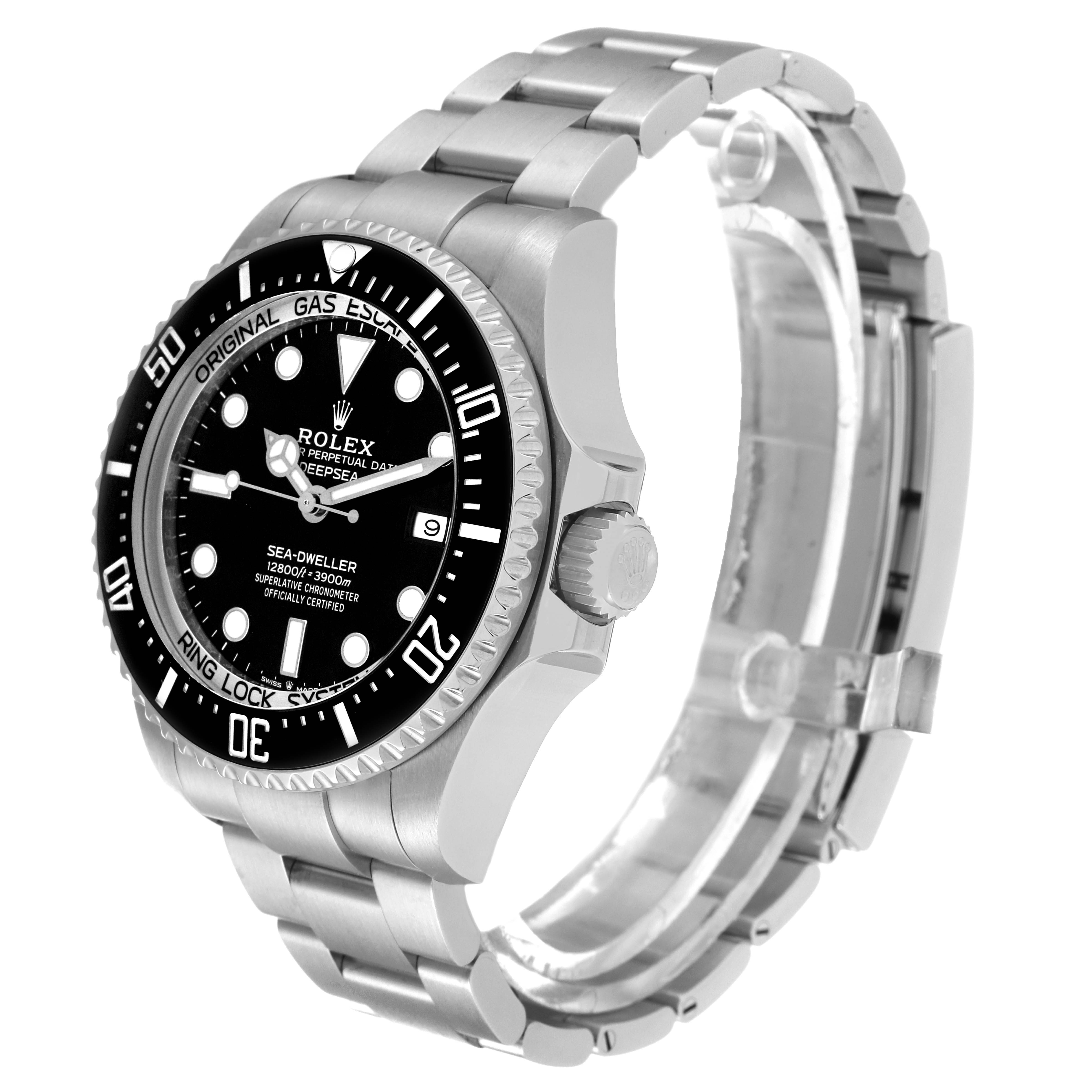 The image shows a side view of the Rolex Sea-Dweller 126660 Men's Stainless Steel Black Dial 126660 Men's Stainless Steel Black Dial watch, highlighting its bezel, dial, crown, and bracelet.