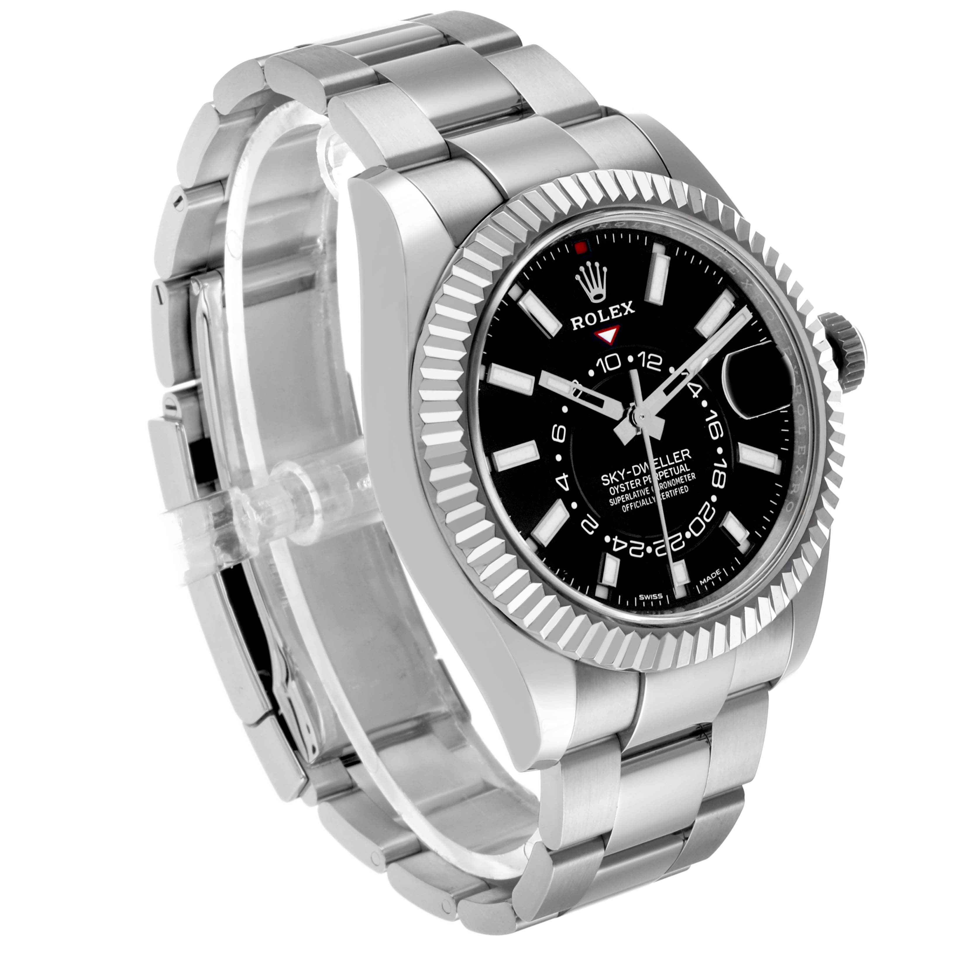 The Rolex Sky-Dweller 326934 Men's Stainless Steel Black Dial is shown at a slight angle, highlighting the face, bezel, and bracelet.