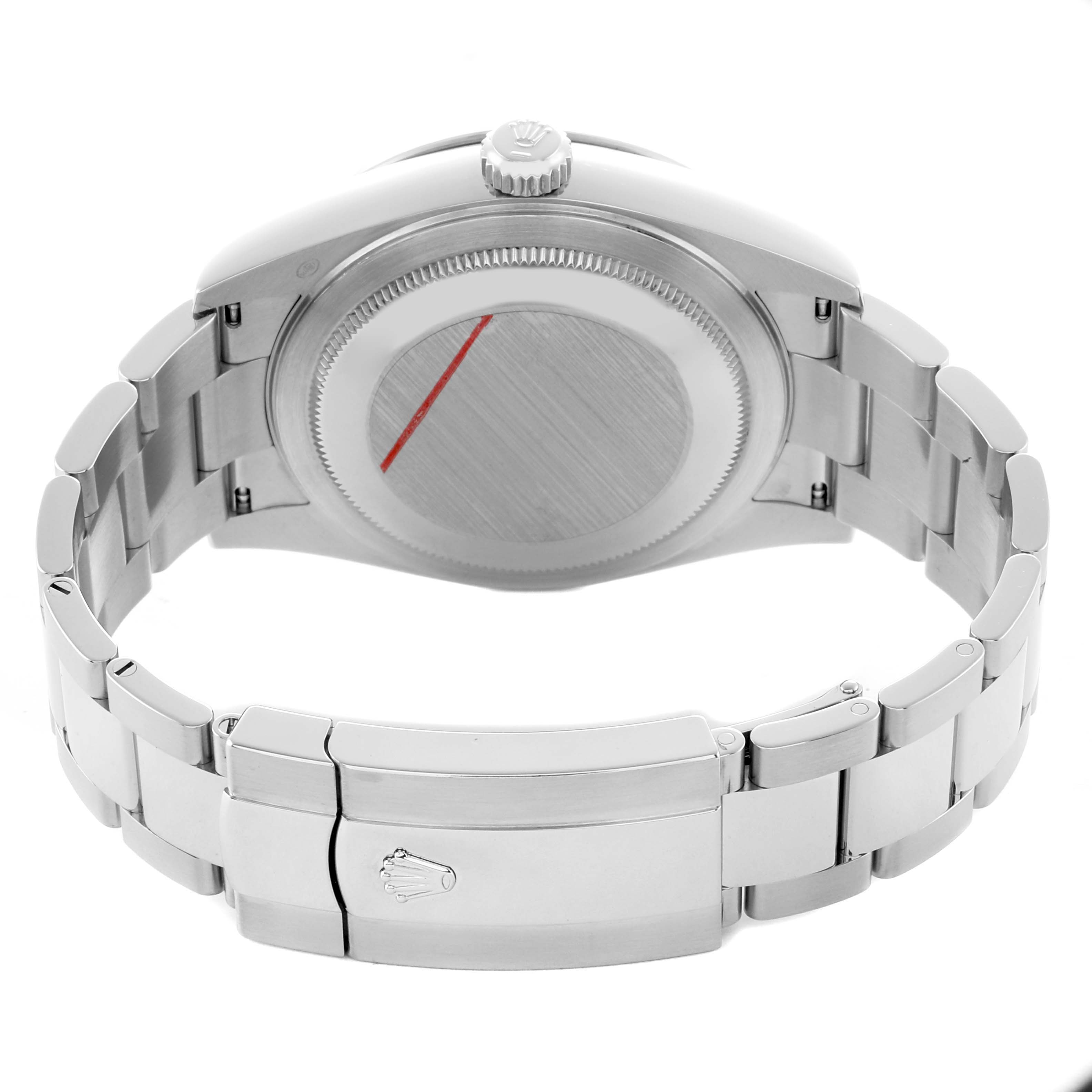 The image shows the back of a Rolex Sky-Dweller 326934 Men's Stainless Steel Black Dial watch, focusing on the case back and bracelet with the clasp visible.