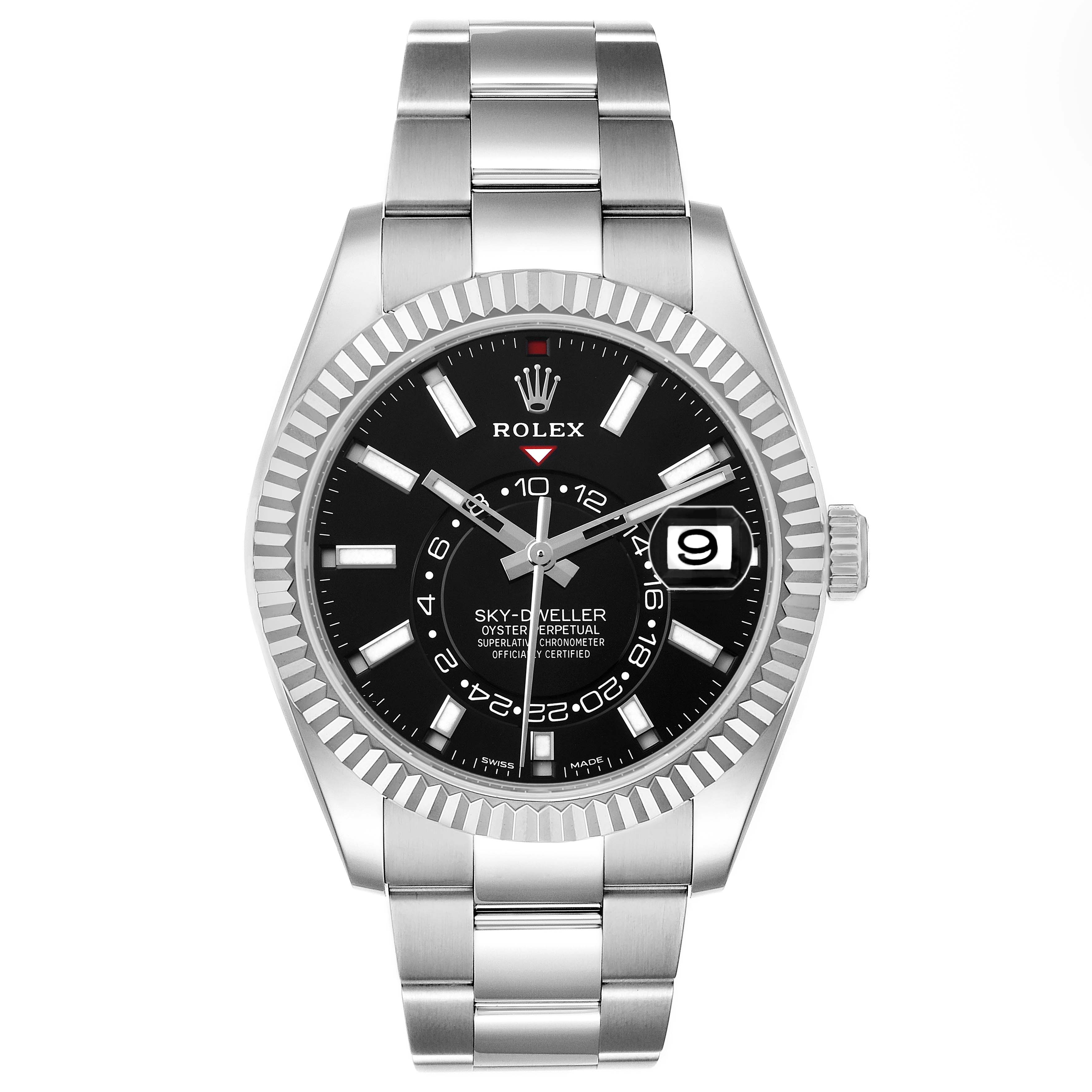 The Rolex Sky-Dweller 326934 Men's Stainless Steel Black Dial watch is shown from a front angle, displaying its face, bezel, and bracelet clearly.