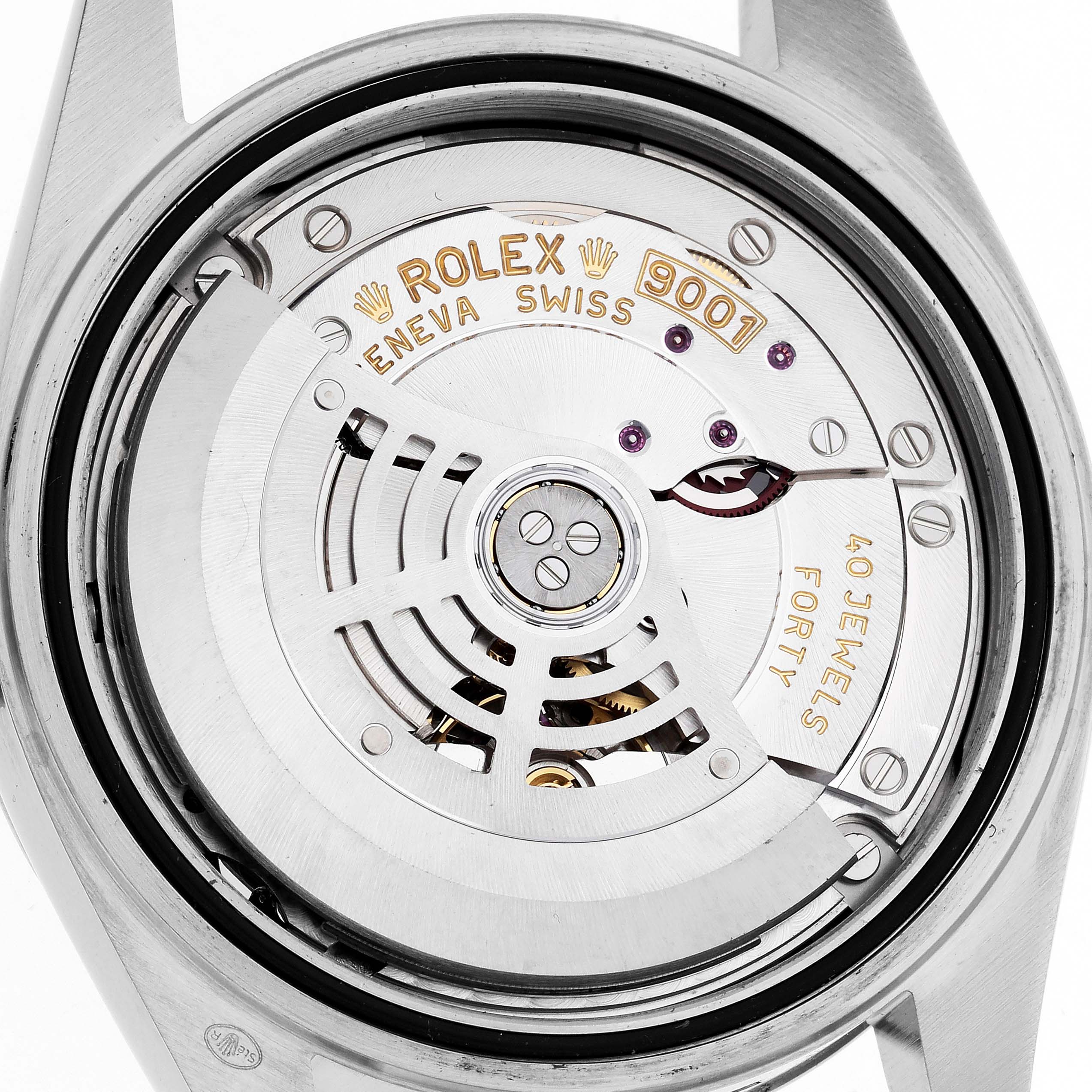The image shows the movement of a Rolex Sky-Dweller 326934 Men's Stainless Steel Black Dial, viewed from the back, displaying intricate gears and inscriptions.