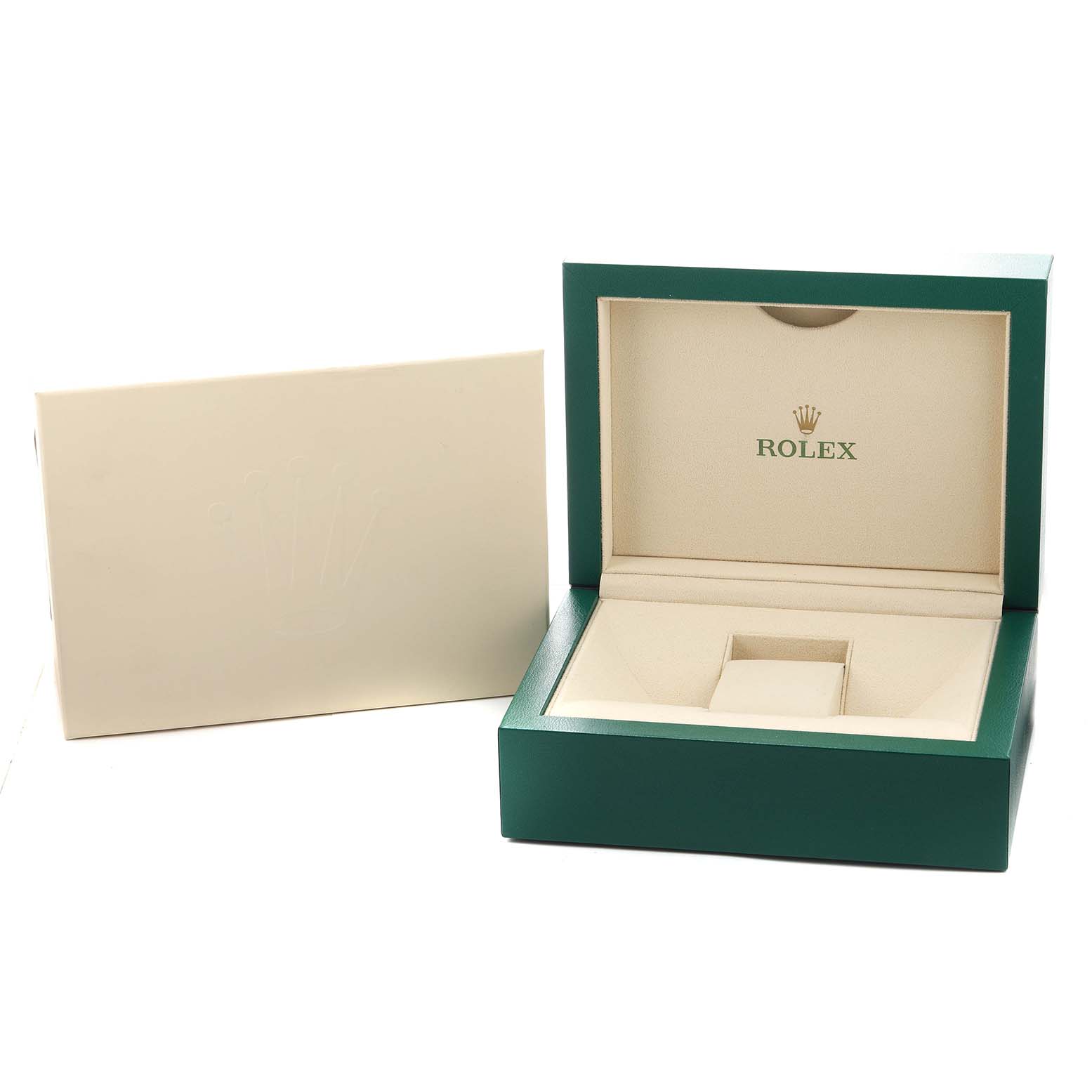 The image shows a Rolex Sky-Dweller 326934 Men's Stainless Steel Black Dial watch box and outer sleeve from a front angle, with the box open and displaying the interior.