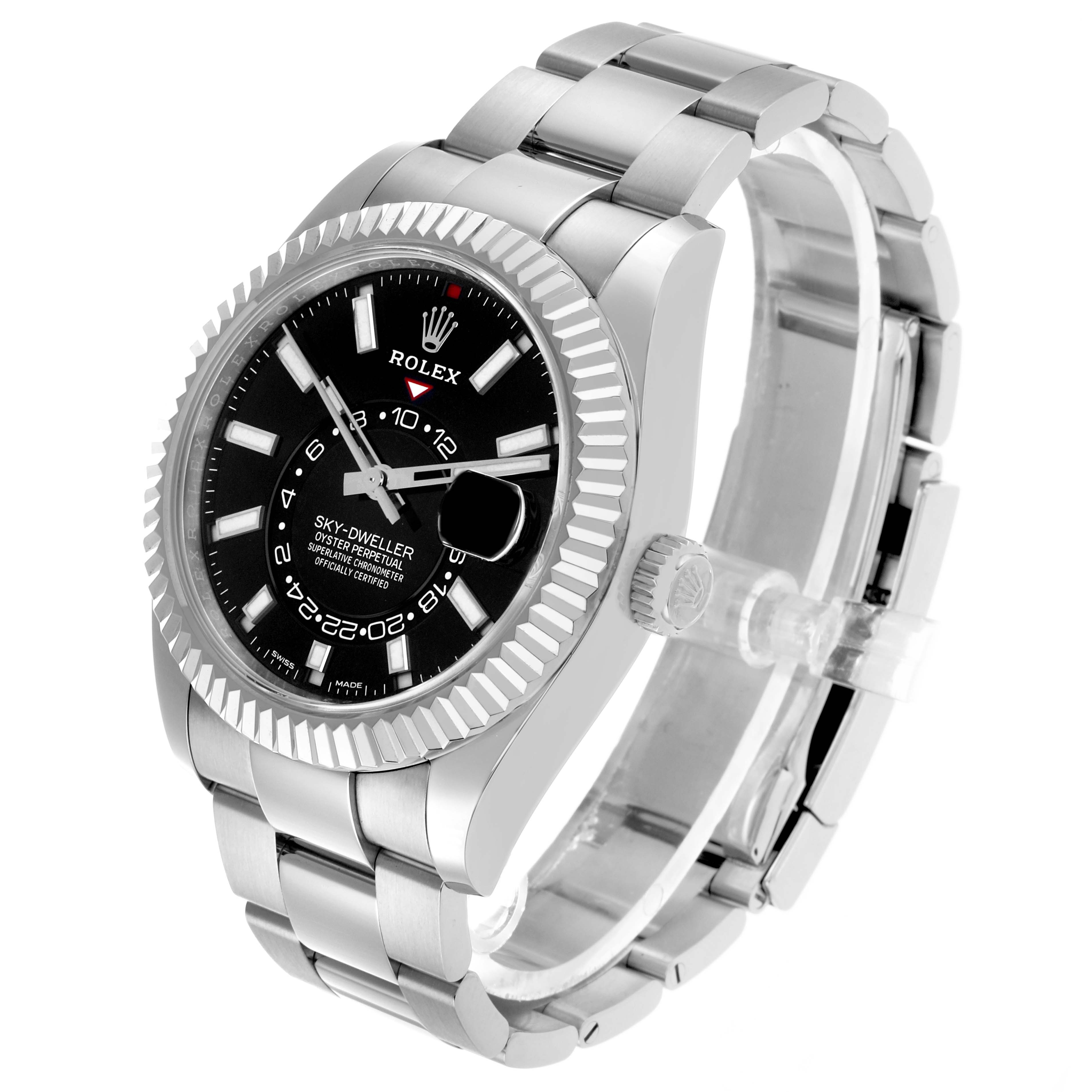 The Rolex Sky-Dweller 326934 Men's Stainless Steel Black Dial watch is shown at a three-quarter angle, highlighting the face, bezel, and bracelet.