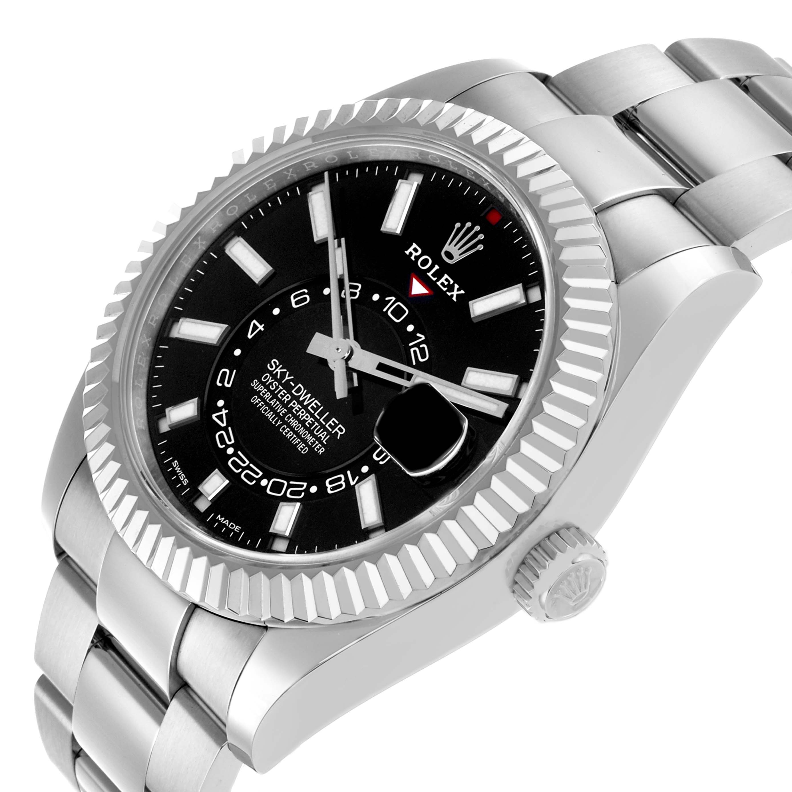 The Rolex Sky-Dweller 326934 Men's Stainless Steel Black Dial watch is shown at a slight diagonal angle highlighting the face, bezel, crown, and part of the bracelet.