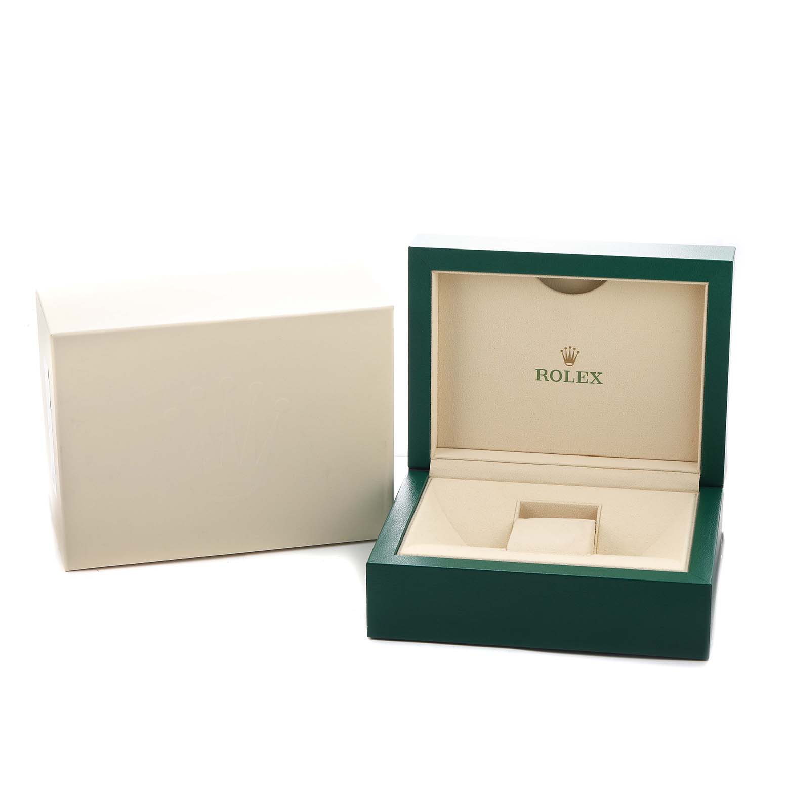 The image shows an open Rolex Sky-Dweller 326934 Men's Stainless Steel Black Dial watch box and a separate outer box, viewed slightly from the side.